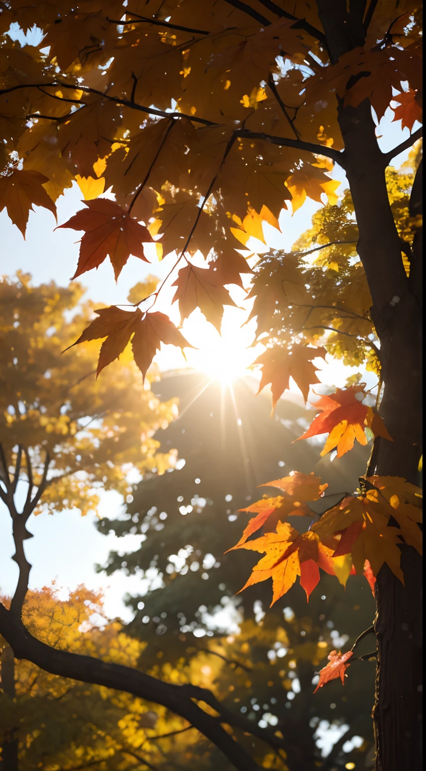 Autumn evening,Branches in the sun,Hang sunlight on the leaves,photorealestic,Natural soft light,Hyper-detailing,4K