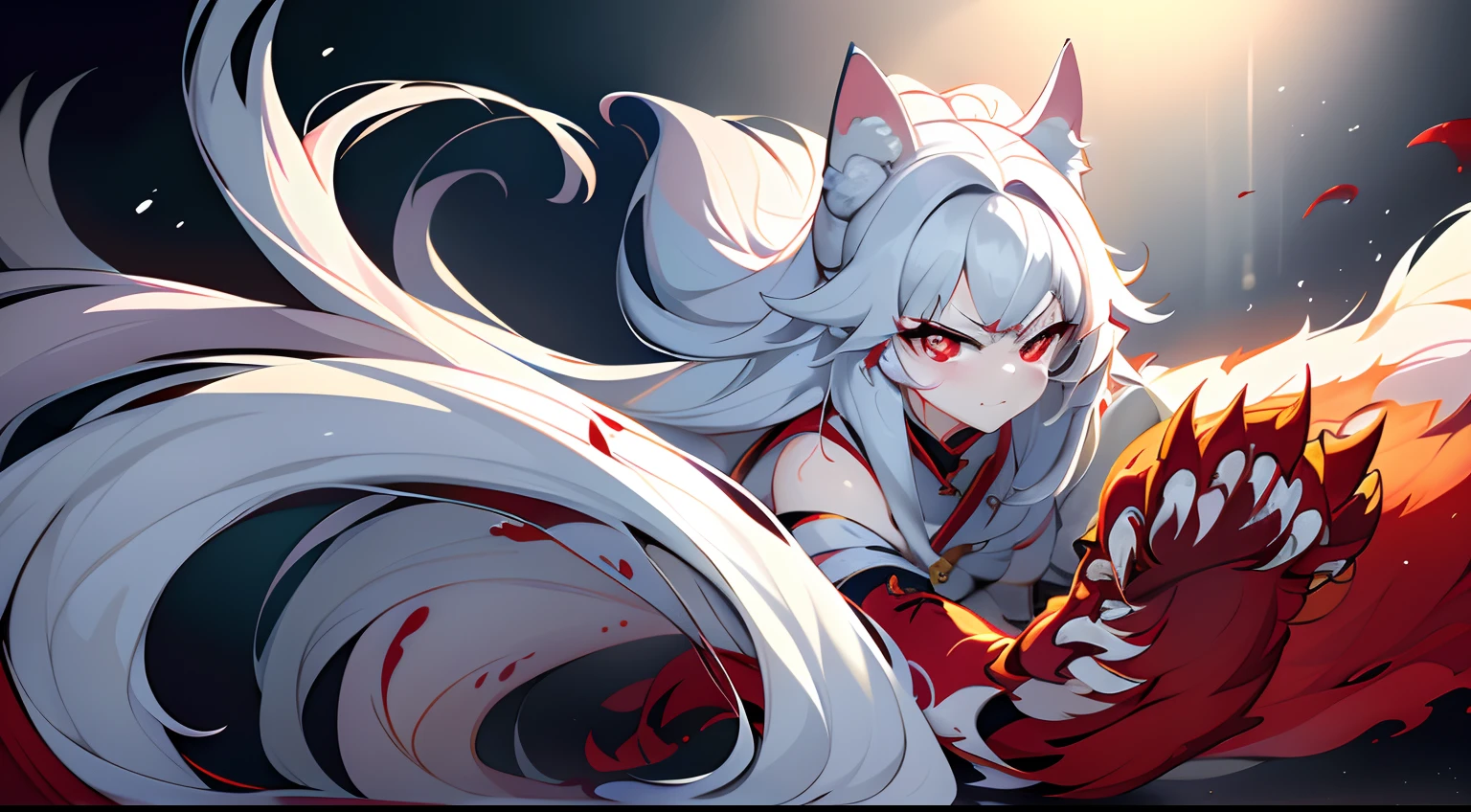Best quality,Masterpiece,超高分辨率,(Photorealistic:1.4),Big cat,Fierce,Pounce on the camera,(Dynamic Angle),True blood,Angry,Gape,red - eyed,White fangs,(White hair), red color eyes, (full bodyesbian), (((Claws))), Blood drop,Blood fog, Floating hair,Splashing blood,(blood stain),