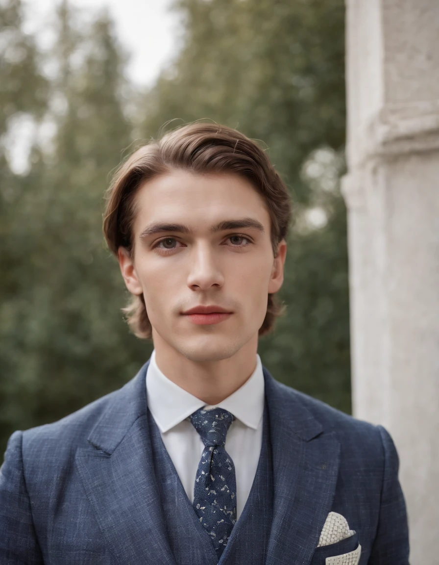 young man in vintage art nouveau style, wearing navy checkered suit, medium close up, white background, high quality photo