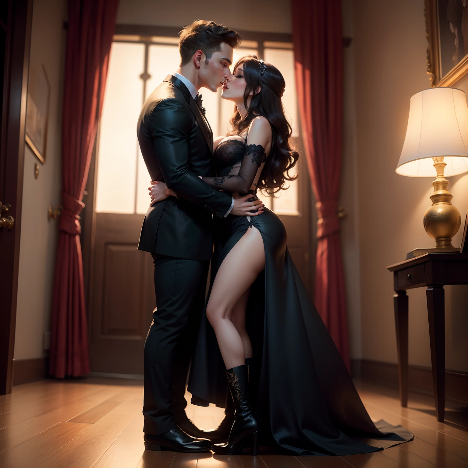 Модель
ReV Animated
брюнетка (( solo)), with a face and body like Jenna Jenovich , dressed in an opaque black boudoir dress without stockings , Front light , Very detailed embroidery on the boudoir dress , hugs and kisses the prince , The prince is dressed in a black suit , They stand at full height , Her shoes and breasts are visible , A very passionate kiss , His boots are visible , Front light, Perfect skin.