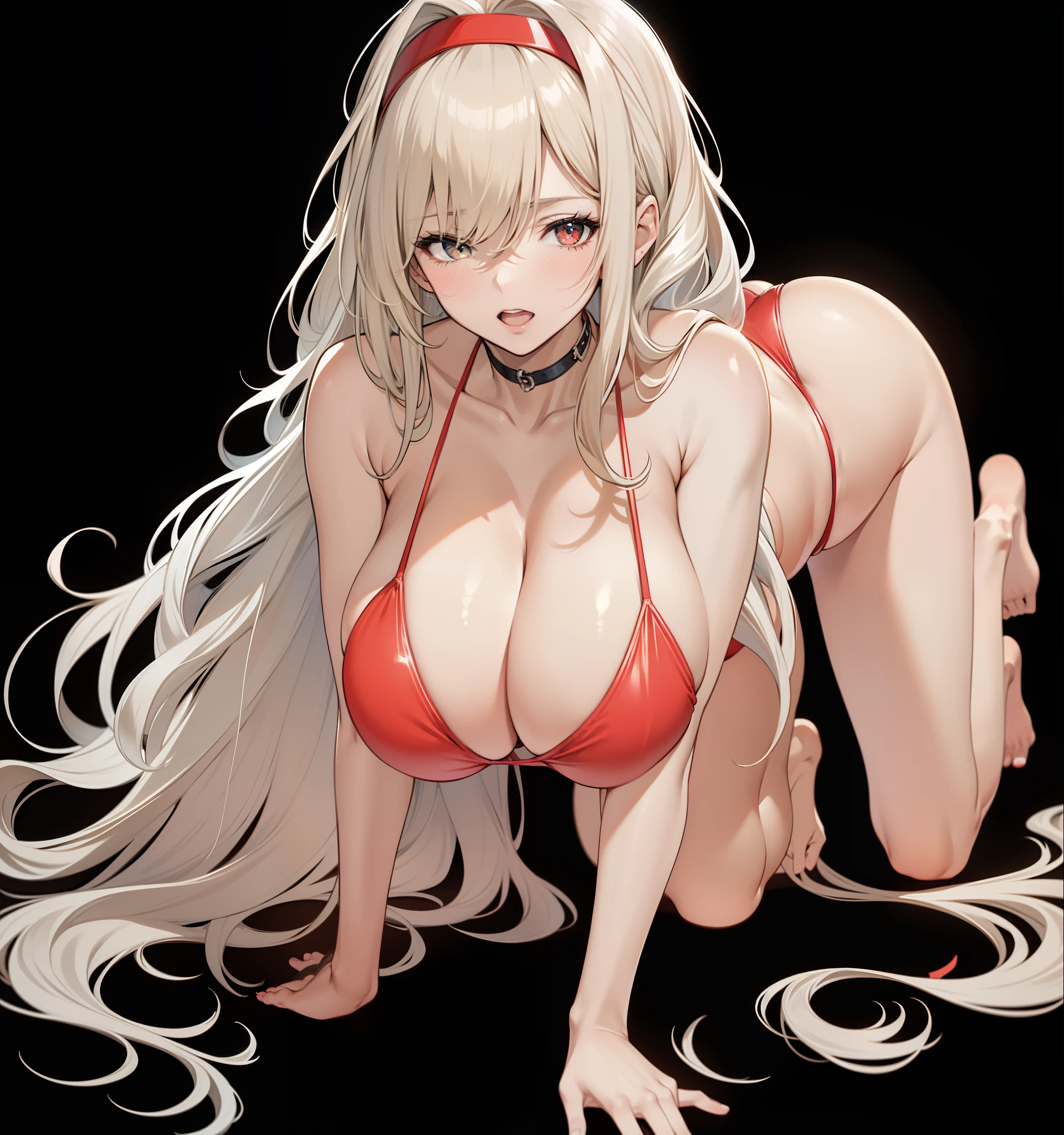 (masterpiece:1.5) (bestquality) (highlydetailed) (ultra-detailed) mature female, milf, mature, blonde hair with big curls, wavy hair, long hair, ample bosom, blindfolded, alluring, French woman, 1girl, all fours, barefoot, bikini, black background, blush, breasts, cleavage, huge breasts, looking at viewer, open mouth, red bikini, silver hair, solo, swimsuit, transparent background