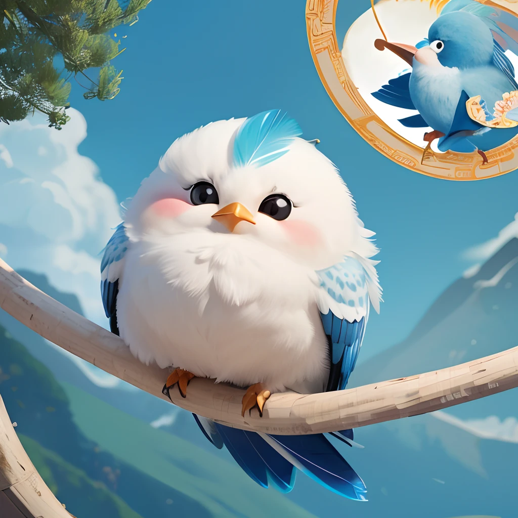 ((4K,Masterpiece,Best quality)), shuimobysim, Traditional Chinese painting, A cartoon cute bird，Big head and small body，Fat Chubby，Like a ball of hair，Blue-cyan feathers，There are colorful feathers on the top of the head，Bird's beak