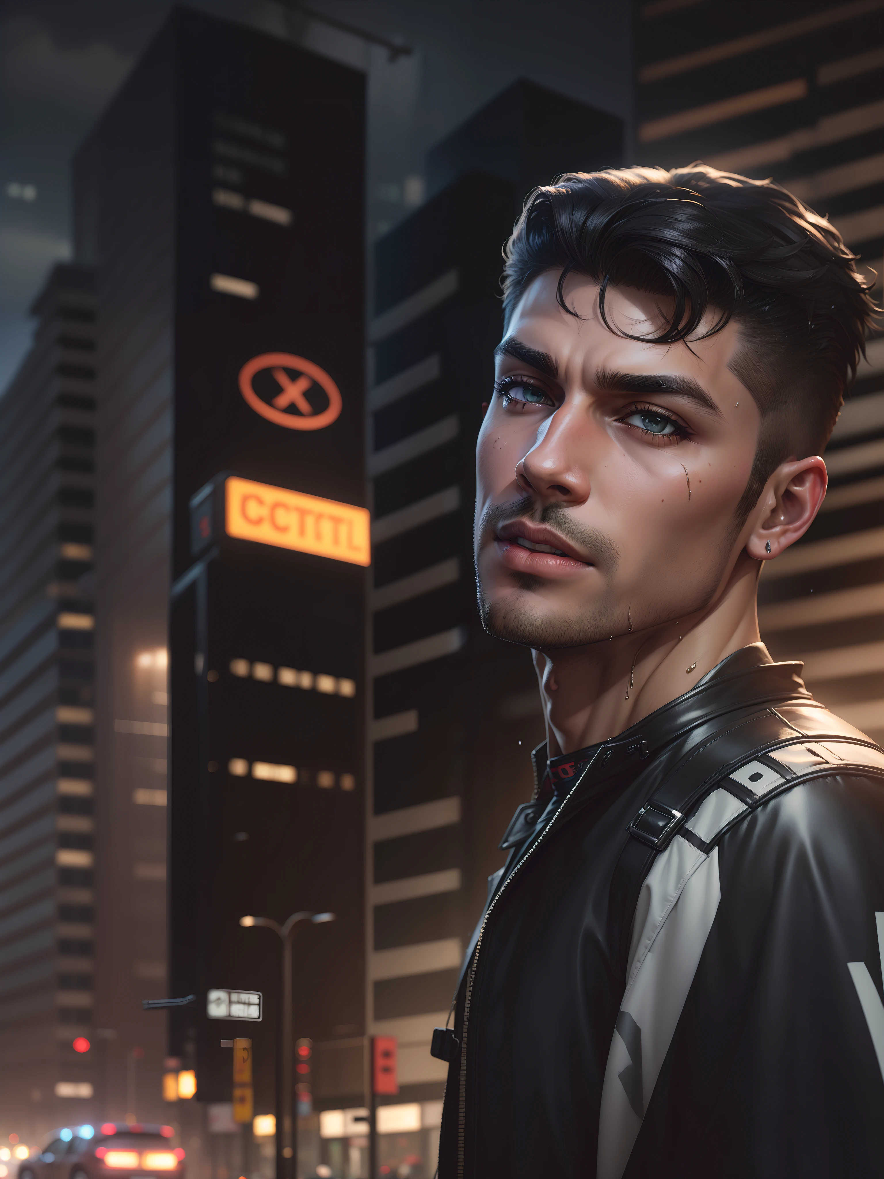 "Change background to urban street with graffiti, realistic face of a stylish and handsome, rai, wet, realistic face realistic hair, wet jocket, 8 pack abs cyber punk, ultra high quality resoulation, HD smoth, hdr, 8k, realistic face, tatto on neck