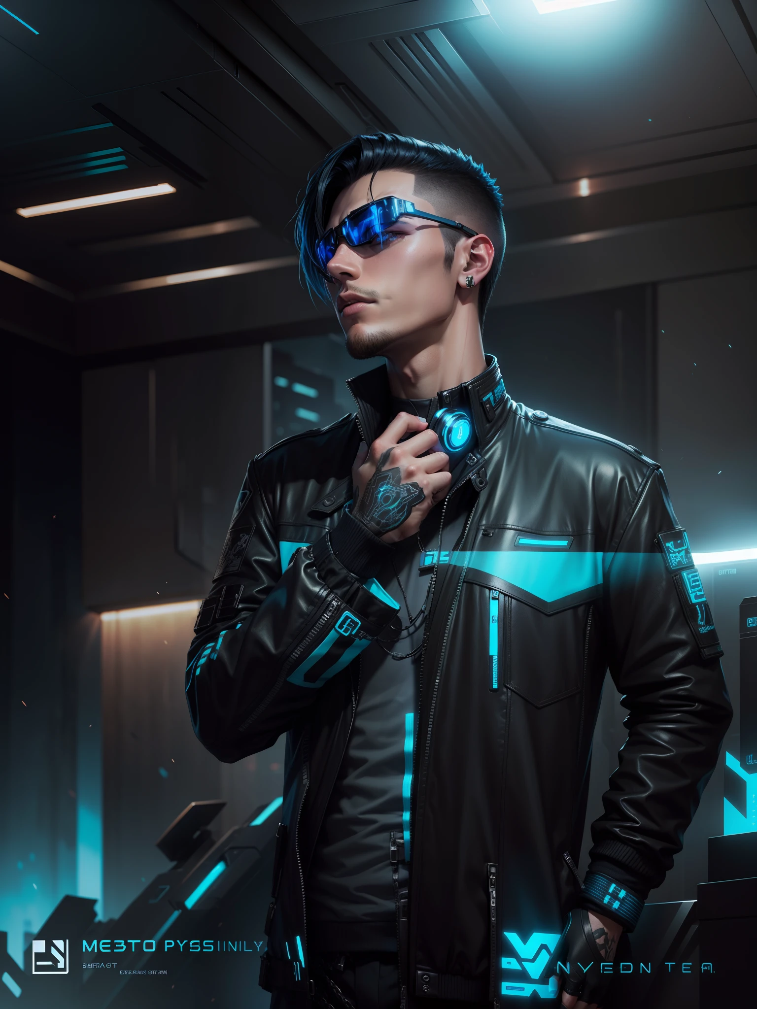 Change background Cyberpunk handsome boy, cyberpunk black and blue jacket,ultra realistic, 8k
