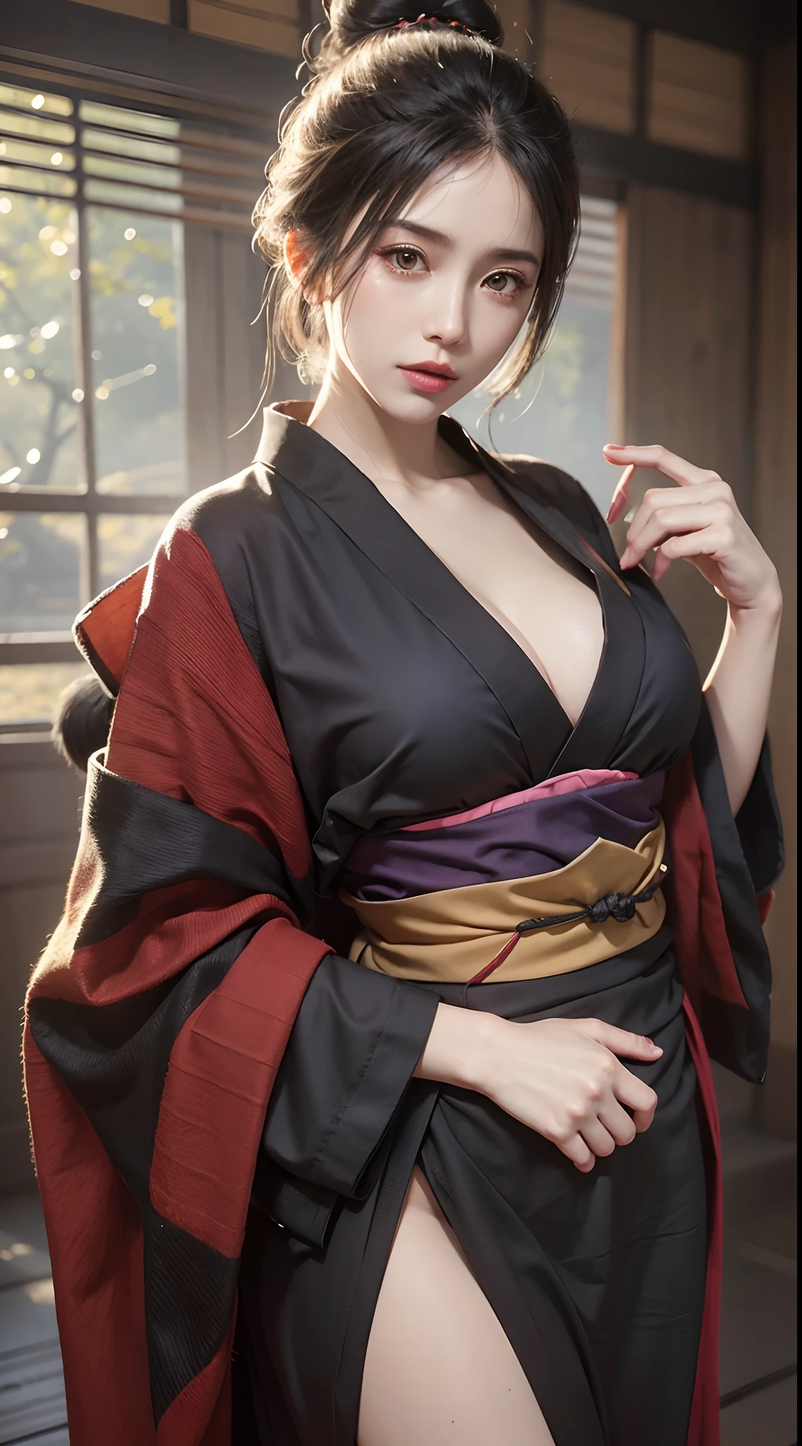 photorealistic, high resolution, 1women, mature female, solo, hips up, black hair, emma \(sekiro\), japanese clothes, kimono, single hair bun, haori, mature female