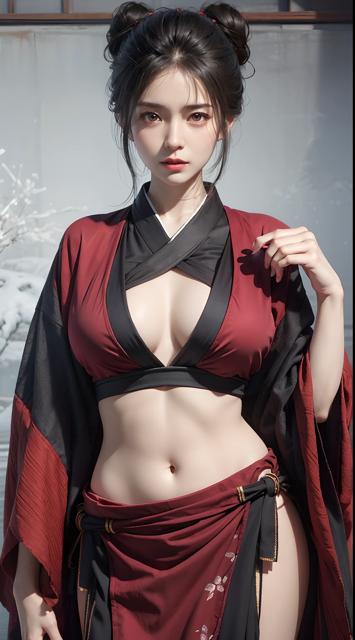 photorealistic, high resolution, 1women, mature female, solo, hips up, black hair, emma \(sekiro\), japanese clothes, kimono, single hair bun, haori, mature female