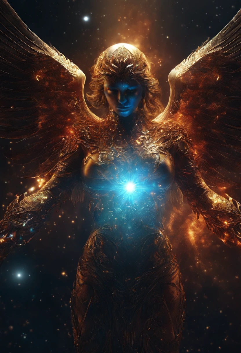 Cosmic Fallen Female Angel, Bright and clear eyes, Biomechanicals, Strangely, horrid, nightmare, Very bright colors, Light particles, There is bright light, Mshiv, wallpaper art, ultra HD wallpaper