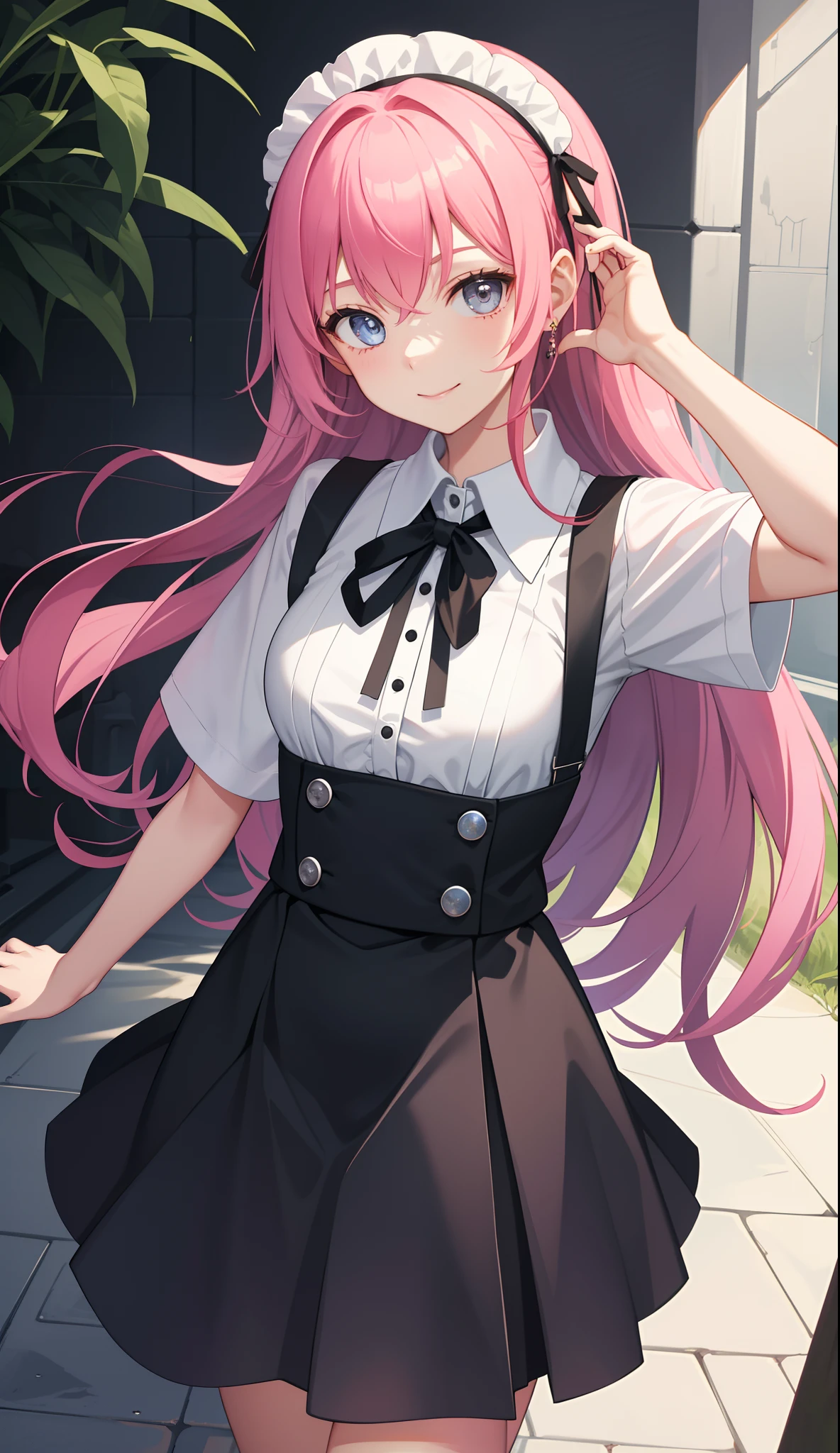 1girl in、AS-Adult、A smile、The shirt、skirt by the、(small tits)、doress、pinafore、hair adornments、(Maids)、Walking with a thigh、Upper body portrait、
