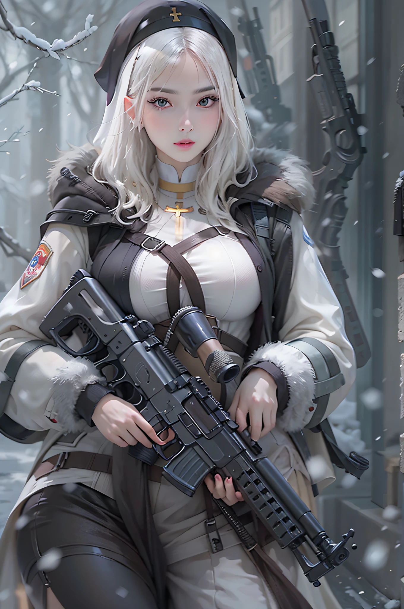 <lora:snowwhite_nikke_v2:1>, nikkesw, in a snowy wonderland with futuristic buildings, scattered destroyed robot crabs, yellow eyes, white hair, long hair, headgear, mechanical boots, cloak, bare legs, single pauldron, single mechanical arm, holding a 60rnd Assault Rifle, ((holding a crate of potatoes)), neutral expression, windy, ((masterpiece)), (((best quality))), ((hd)), ((4k)), ((8k)), (((detailed))), highres, ((beautiful detail)), (((sharp focus))), (((shot by 10mm))), trending on art station, official art, (((dynamic lighting))), (((dramatic lighting))), ((zoomed out)), ((wide angle)), square image, <lora:more_details:0.8>, walking, white underwear, low angle, ultra wide angle, show sky and ground , fires potato cannon