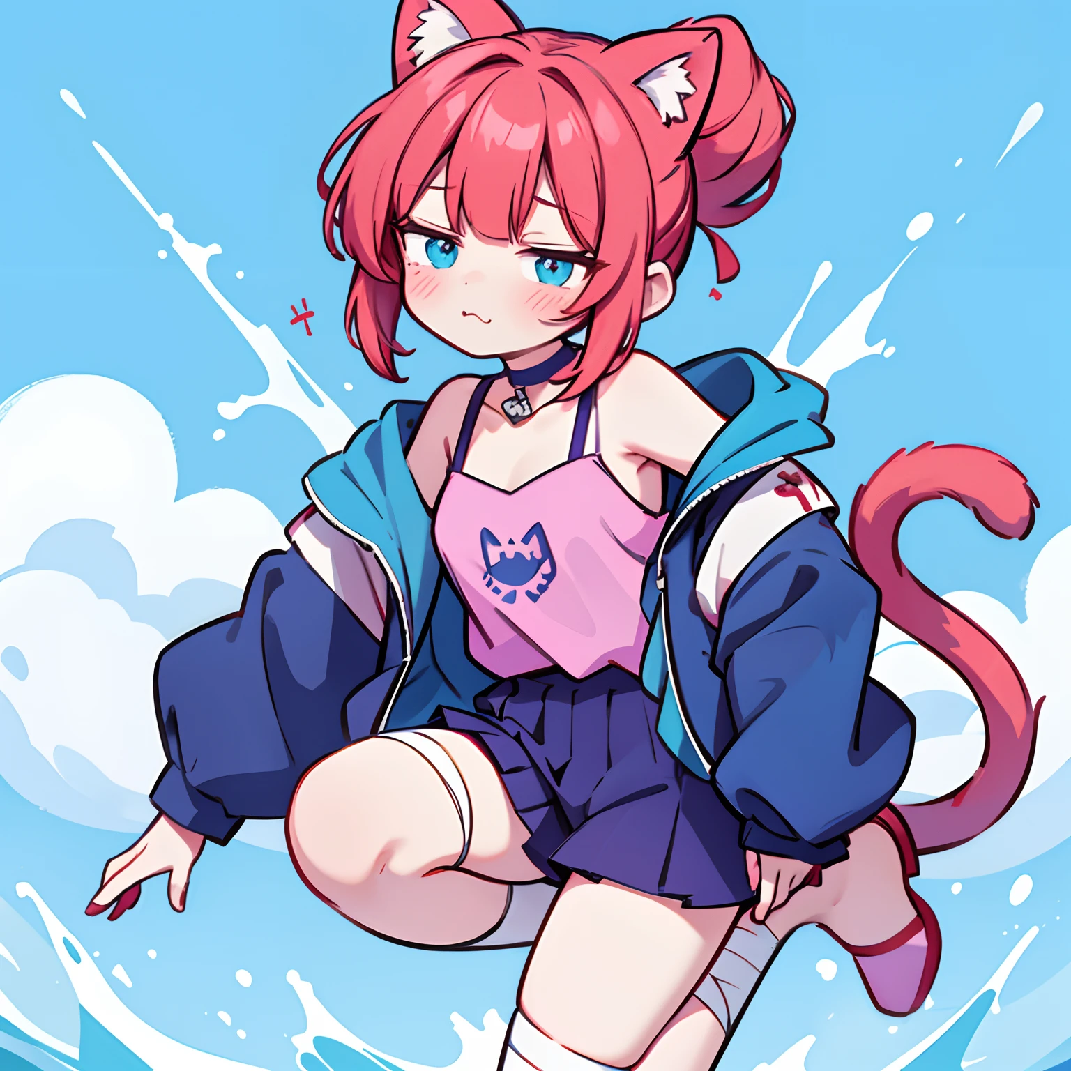 1girl, short pale red hair,карэ,hair up to the shoulders,Cat's red ears,turquoise eyes,There are two purple bows on her hair,Choker ,blue jacket,long sleeves,There are bandages on one arm,on one leg a stocking,the other leg is bandaged,blue cat's tail,Kawaii,:3,
