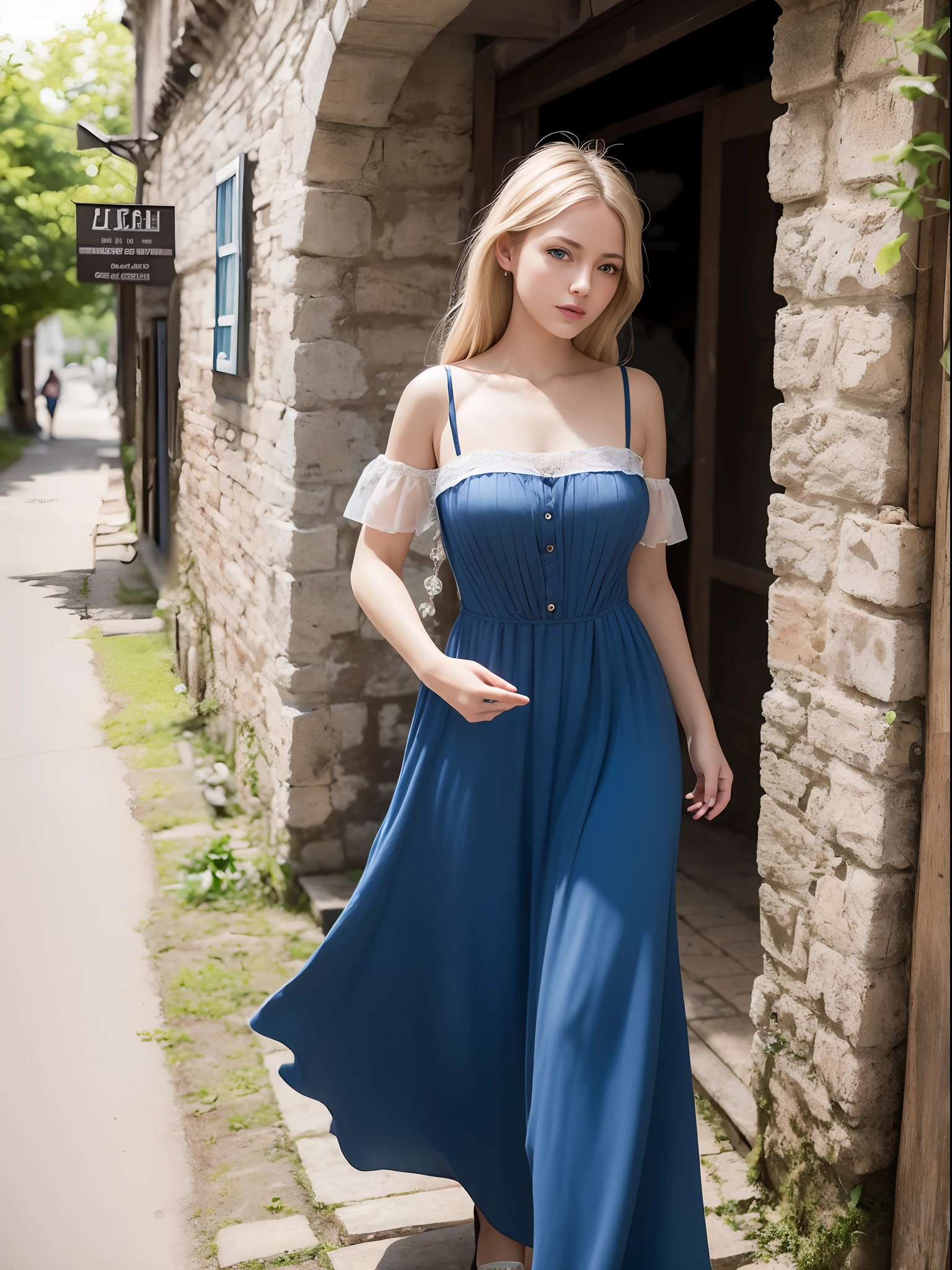 Best Quality, masutepiece, photos realistic, Intricate details, Raw photo, ultra-detailliert, Old fashioned young woman, In peasant style dresses, No neckline, Blonde hair, Perfect details and blue eyes, Walk through the Old Town, HD quality, 8K, Young Woman, 20 years old