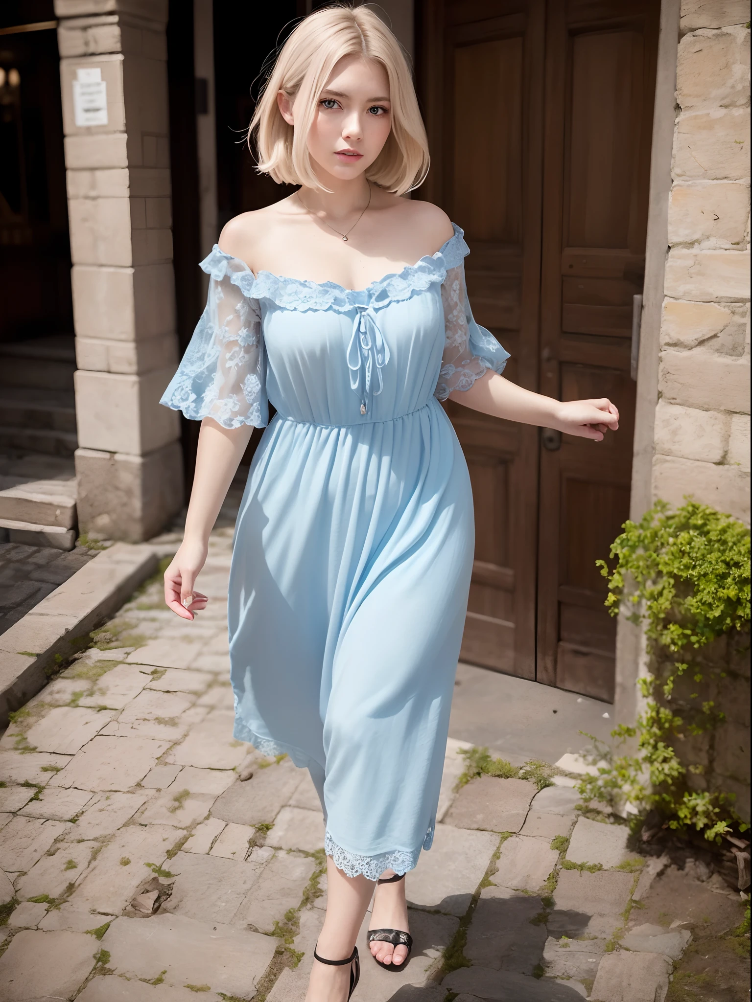Best Quality, masutepiece, photos realistic, Intricate details, Raw photo, ultra-detailliert, Old fashioned young woman, In peasant style dresses, No neckline, Blonde hair, Perfect details and blue eyes, Walk through the Old Town, HD quality, 8K, Young Woman, 20 years old