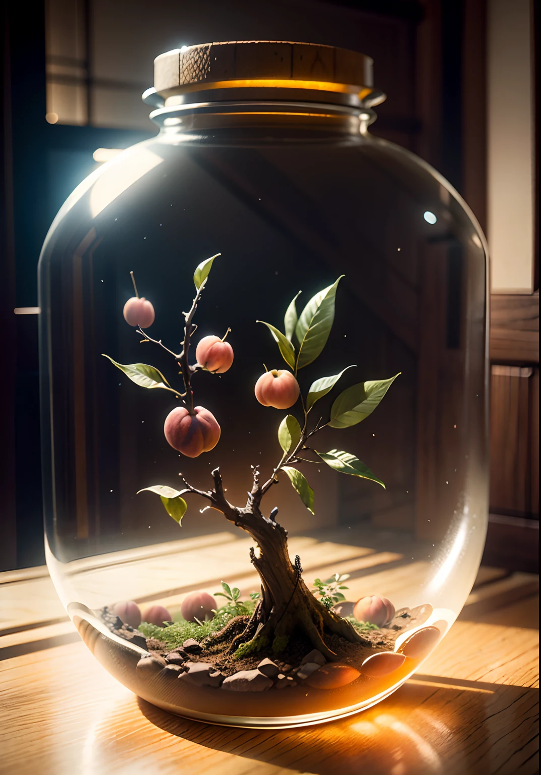 Inside the glass bottle is a peach tree，Frontal photo，Photographic grade，Dynamic surrealism, High detail, cubismo, god light, Vignetting, Glowing light, hyper HD, Masterpiece, ccurate, Super detail, High details, High quality, Best quality, A high resolution, 8K