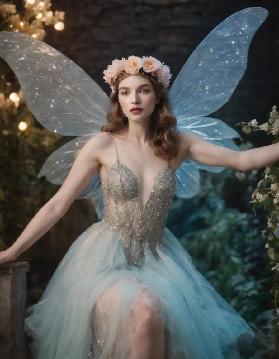 color photo of a mysterious flower fairy with transparent colorful wings, sitting in a divine light, with neon lights, holding a magic wand，axial symmetry, and a magnificent background.silver dress, high heels, flower crown, starry sky background, serene and enigmatic expression, Nikon Z7 II camera, Fujifilm Velvia 50 film, 50mm lens, high saturation, Tim Walker, David LaChapelle, Sofia Coppola, Valentino, Alexander McQueen,((close-up))