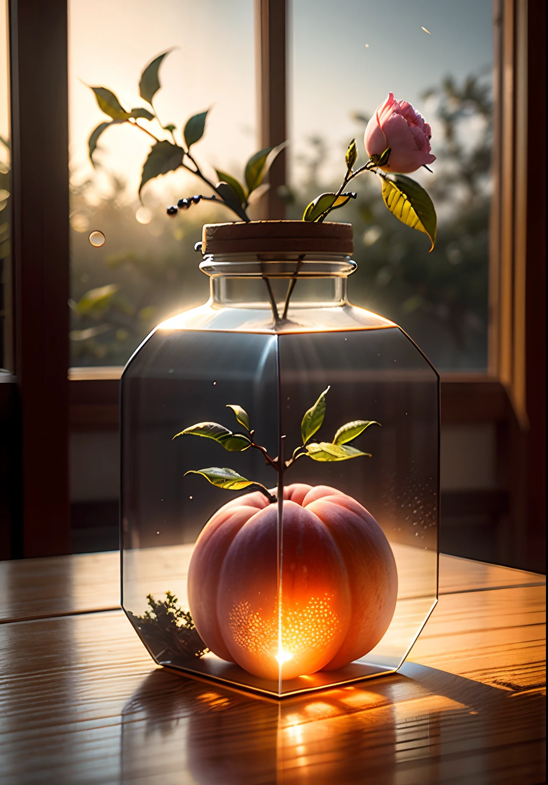 Inside the glass bottle is a peach tree,Frontal photo,Photographic grade,Dynamic surrealism, High detail, cubismo, god light, Vignetting, Glowing light, hyper HD, Masterpiece, ccurate, Super detail, High details, High quality, Best quality, A high resolution, 8K