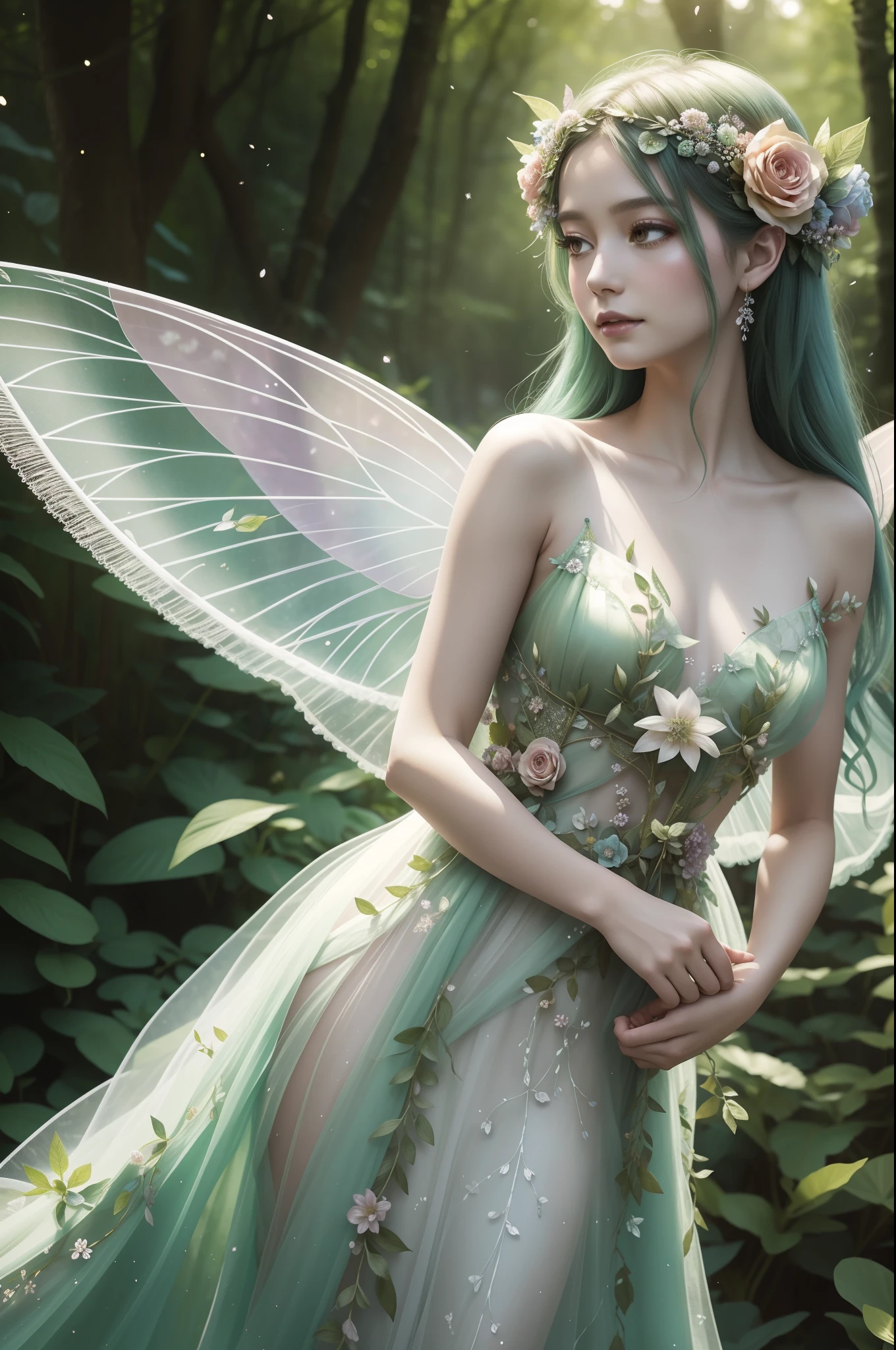 Flower fairy as the center of a whimsical forest scene where vibrant flowers and lush greenery create a magical backdrop. Flower Fairy, A delicate and ethereal existence, florals々Hovering gracefully, Her gossamer wings shimmer in the mottled sunshine. She wears a gown woven with petals and leaves, Decorated with intricate floral patterns that reflect her surroundings.