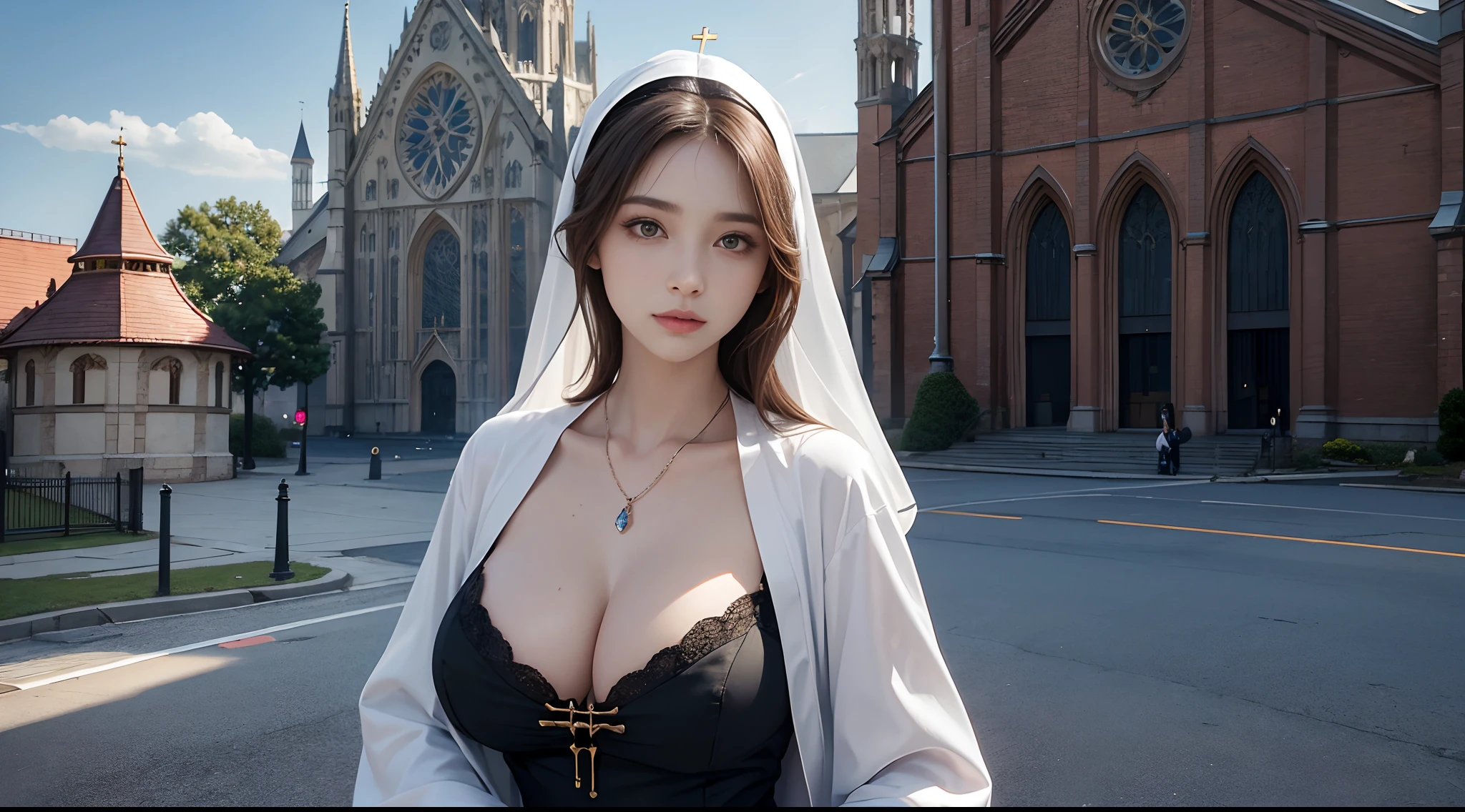 ((best qualtiy)), ((tmasterpiece)), ((Realistis)), (A detailed), (realisticlying:1.5),illusory engine, (High detail: 1.9),(femele:1.4),(big breasts beautiful: 1.4),(carismatic:1.3), (Large breasts),lewd nun,beuaty girl,beauitful face, looking at viewert, dynamicposes,The background is the church, Ray traching, Mid-range portrait