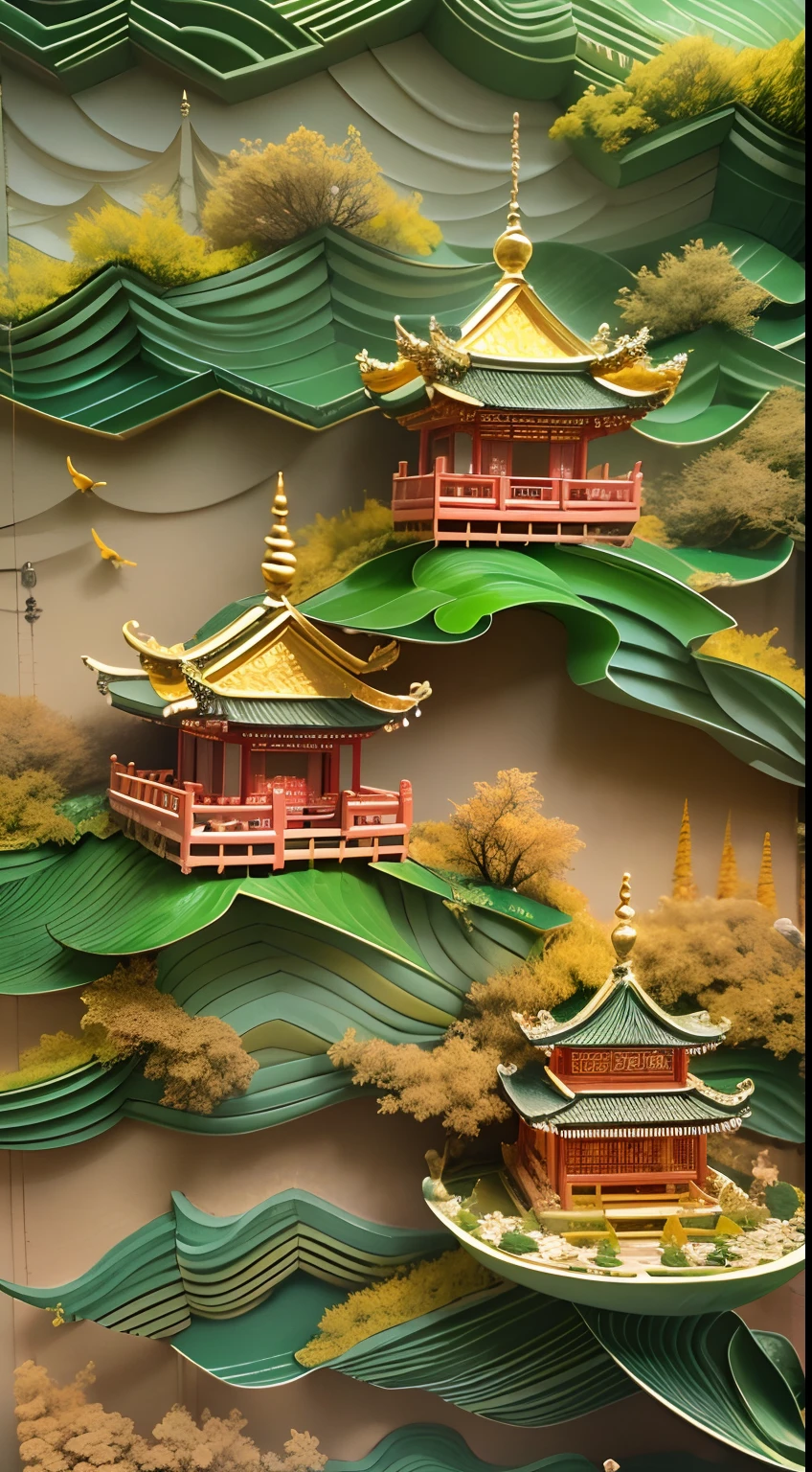 Jade，Gilded mountains，（Paper carving：1.5），Tilt-Shift，（Cloud fog：1.3），viewed from bird's-eye，Soft lighting，Oriental elements，Dreamy，white colors，golden colored，Traditional Chinese color scheme，reasonable design，Clear lines，High sharpness，Best quality，Very detailed，Masterpiece，offcial art，movie light effect，4K
