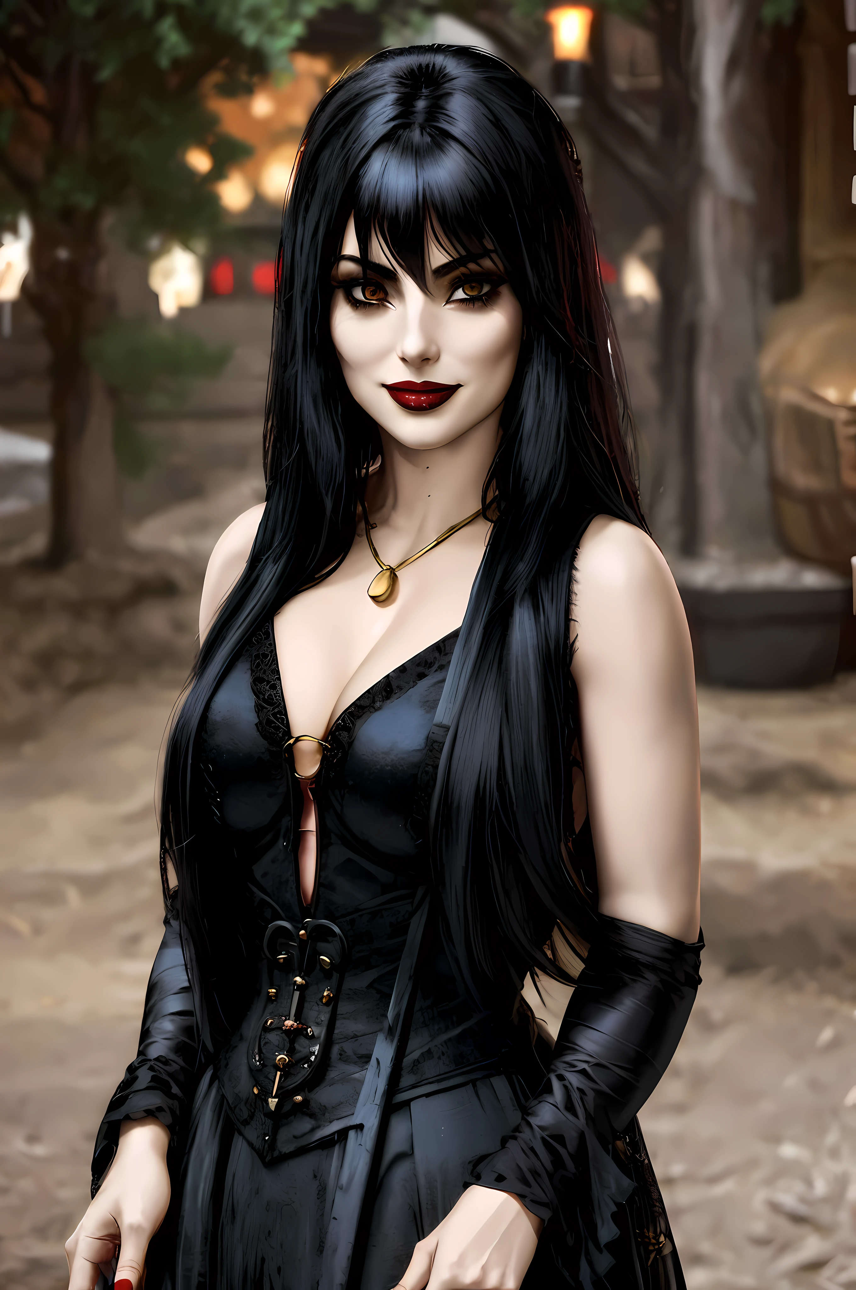 A lithe beautiful goth woman with long black hair (fringe haircut), (mature face:1.4), brass eyes, smiling sweetly, wearing a dark red elegant dress, empty candle-lit medieval street background