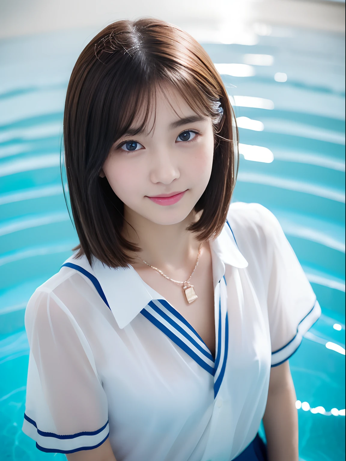 ((32k,high detal,high-detail、masterpiece,Attention to detail,full body Esbian,Lori,独奏))),Raw photo & realistic atmosphere,beautiful dark blue eyes,Detailed mouth,Glossy lips,Detailed eyebrows,Eyes drawn in detail with soft white skin that shines in every detail、Very beautiful eyes with azure eyes,Detailed lips、Very beautiful face,Very well-formed face、Lifelike face,shiny beautiful lips,Beautiful eyebrows,Infinite reality,Japan High School Uniform Best Design, Realistic Young Gravure Idol,Very cute high school girl, , japanese girl school uniform, Japanese high school girl , Young Sensual Gravure Idol, Young Gravure Idol, Beautiful and cute17 year old schoolgirl,the whole body is wet,dripped out,with a flushed face,Tremendously beautiful17-year-old girl,natural soft light、The body is dripping wet,Sheer clothing,Brown shiny hair,Hair is wet,Dripping water,dripping,(bare-legged,,White short-sleeved shirt with wet underwear showing through,summer clothing,Beautiful kind eyes,Looking at the camera:1.3),(((Soft and glowing skin,youthfulness,Slightly chubby,Floating in the pool water,The body is out of the pool water,Beautiful smooth legs,Gentle smile,,Immature body,Medium chest,short-cut,See-through high school girl short sleeve shirt with wide open chest,A necklace from a photographer,piercings,Beautiful giant))),(Somewhat juvenile,Kamimei,Shots from the air,Shot from directly above,Shot in the center of the neck:1.5)