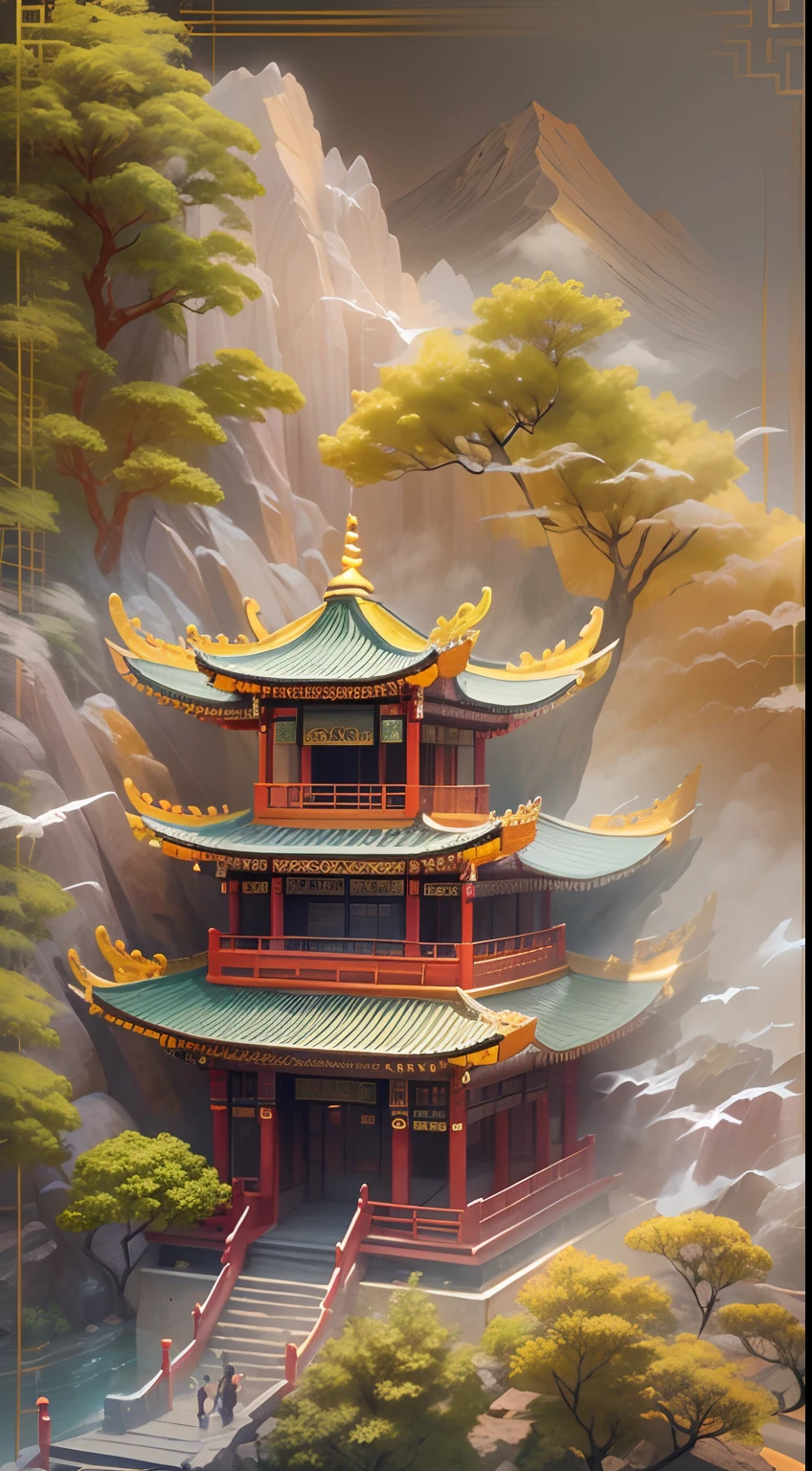 Jade,Gilded mountains,(Paper carving:1.5),Tilt-Shift,(Cloud fog:1.3),viewed from bird's-eye,Soft lighting,Oriental elements,Dreamy,white colors,golden colored,Traditional Chinese color scheme,reasonable design,Clear lines,High sharpness,Best quality,Very detailed,Masterpiece,offcial art,movie light effect,4K