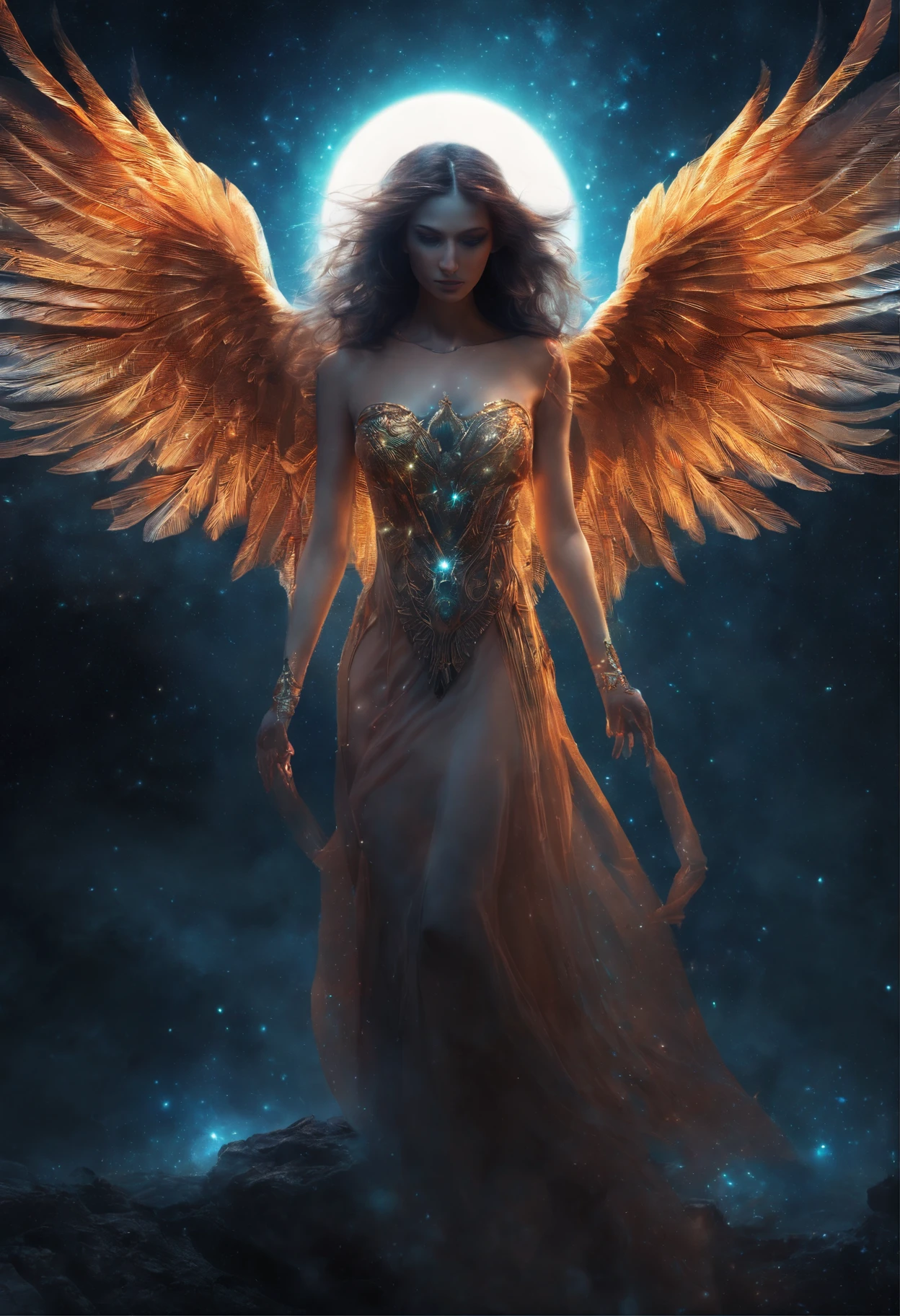 Cosmic Fallen Female Angel, Bright and clear eyes, Biomechanicals, Strangely, horrid, nightmare, Very bright colors, Light particles, There is bright light, Mshiv, wallpaper art, ultra HD wallpaper