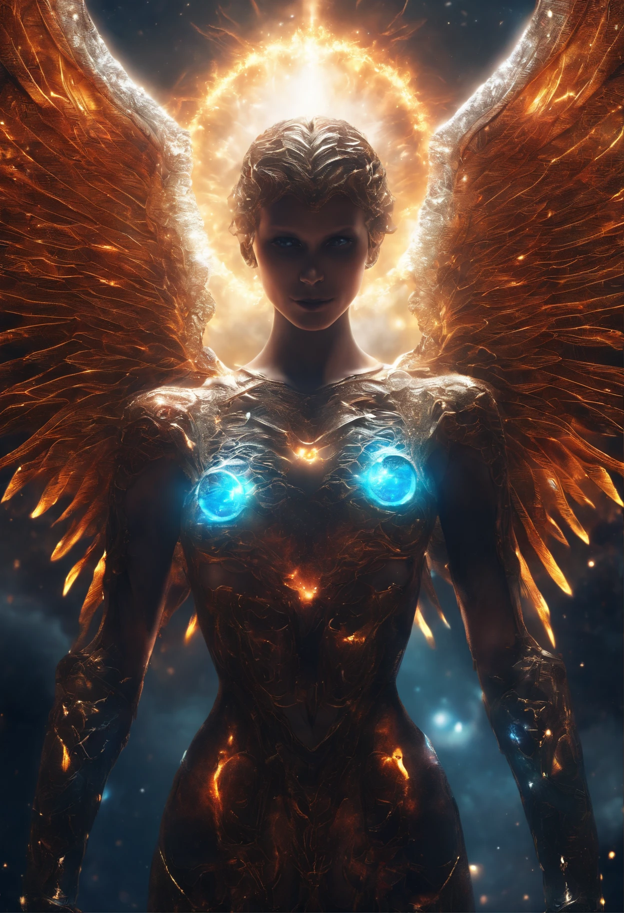 Cosmic Fallen Female Angel, Bright and clear eyes, Biomechanicals, Strangely, horrid, nightmare, Very bright colors, Light particles, There is bright light, Mshiv, wallpaper art, ultra HD wallpaper