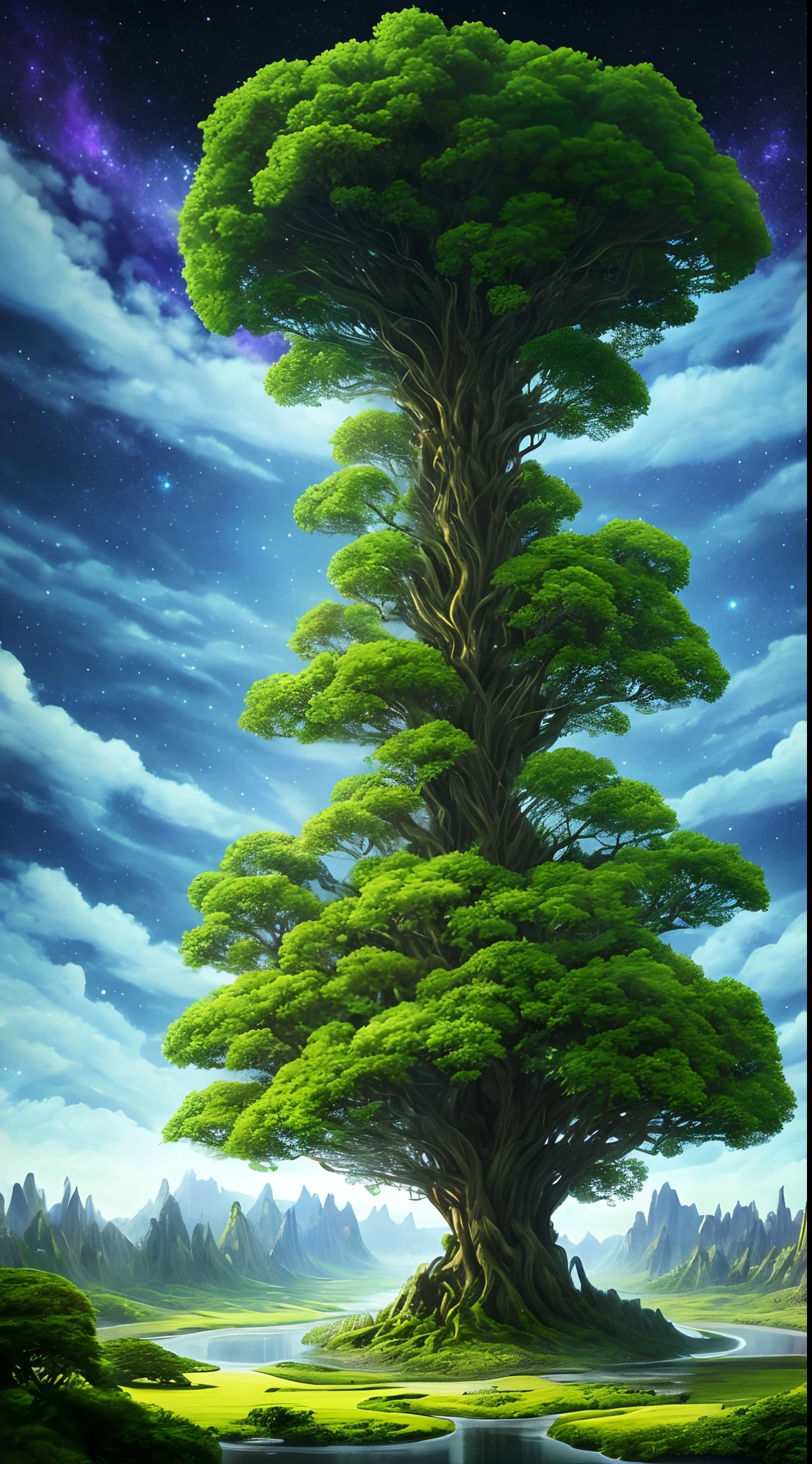 Illustration of a surreal, otherworldly, hyper sky scene including a giant crystal tree full body, highly detailed and magical lighting, intricate forest details, vegetation and surrounding river, solar punk, landscape, giant tree , beautiful green leaves, beautiful lighting and realistic proportions, as if this is a movie background, 8k, highest quality, masterpiece, clouds and stars in the sky.