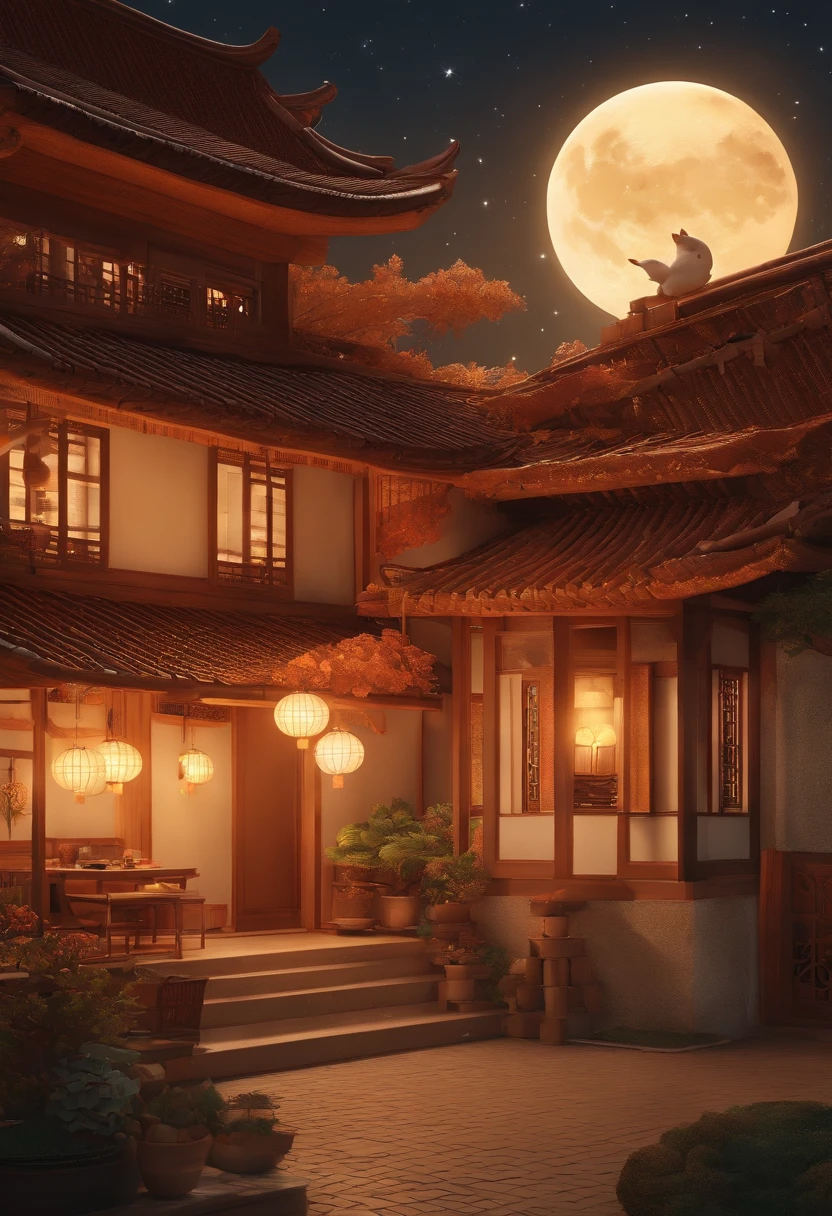 (top-quality、8K、tmasterpiece:1.3)、Mid-Autumn Festival scene，Full moon and stars in sky illustration，The family sits together eating mooncakes,Mom and dad laugh with the kids，Have in the living room、Bright house scene，extremely detailed face and skin，Heartwarming scene，Bright house scene，extremely detailed face and skin，Heartwarming scene，perfect  detail， flatillustration， 8 K cartoon illustration