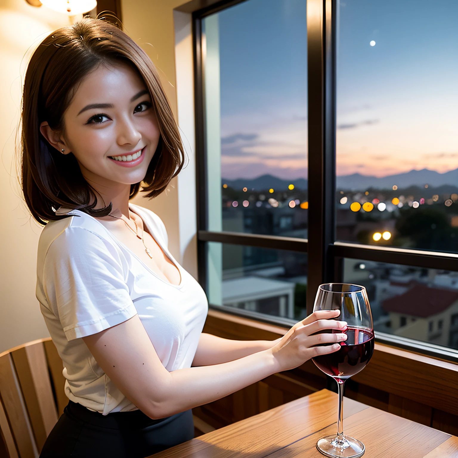 (64K, UHD, top quality, masterpiece: 1.2), (realistic, photorealistic: 1.37), super detailed, pretty woman 1 person, (slim face), (slim body), (brown hair), (short cut), cheeks slightly blushing, (44 years old), 38 years old, solo, beautiful detailed urban night view outside the window, restaurant, wine glasses sit, at night, in a prominent placeNovaFrogStyle, Actress, Model, Waist Up, White Wine, Slim, Wine Glass, Super Clean Night View, Wine Glass Put in the Middle, Happy Smile, (Smile: 1.15), Beautiful Fine Eyes, Upper Body, Bust Japan Up, Night, Short, Short, Actress, Model, Waist Up, White Wine, Slim, Wine Glass, Super Clean Night View, Wine Glass Put in the Middle, Happy Smile,
