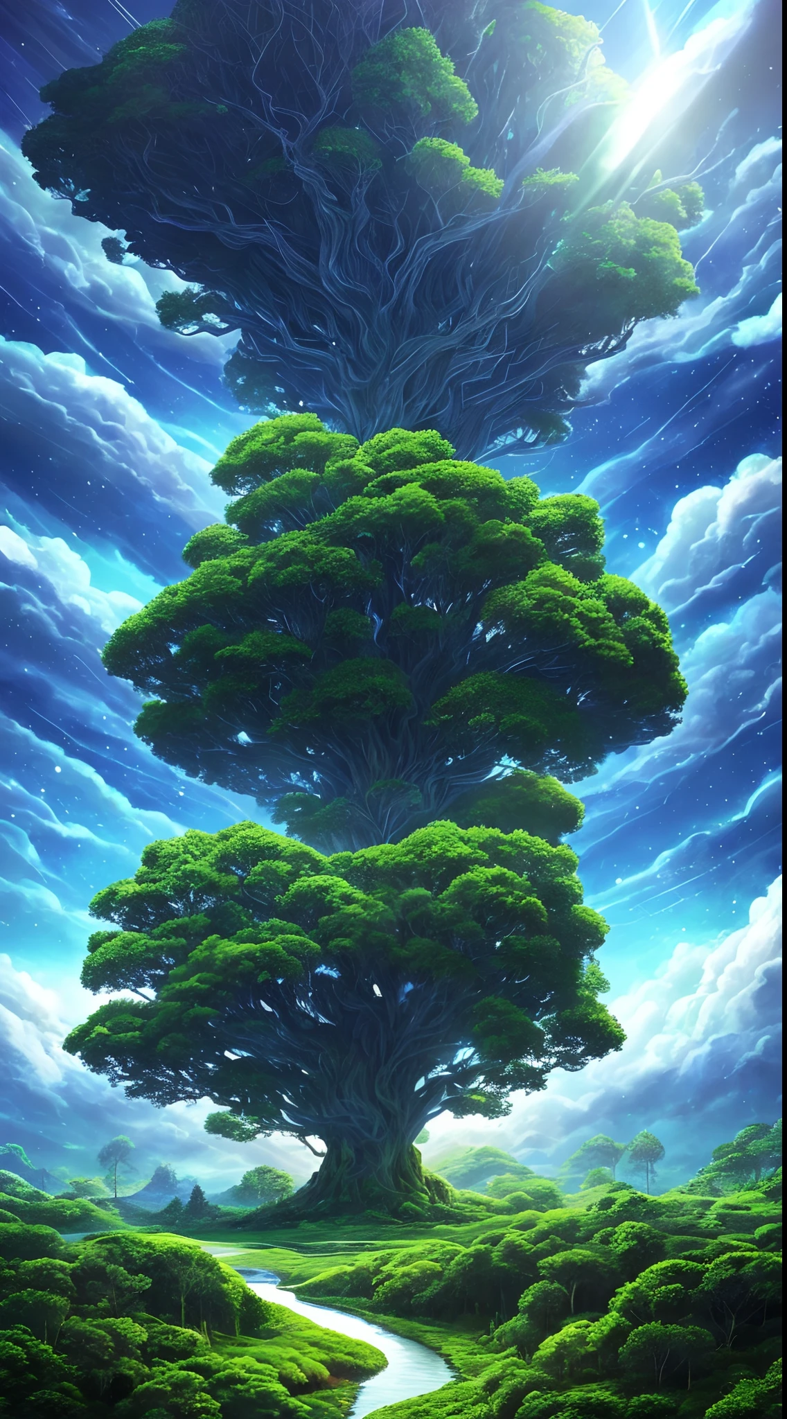 Illustration of a surreal, otherworldly, hyper sky scene including a giant crystal tree full body, highly detailed and magical lighting, intricate forest details, vegetation and surrounding river, solar punk, landscape, giant tree , beautiful green leaves, beautiful lighting and realistic proportions, as if this is a movie background, 8k, highest quality, masterpiece, clouds and stars in the sky.