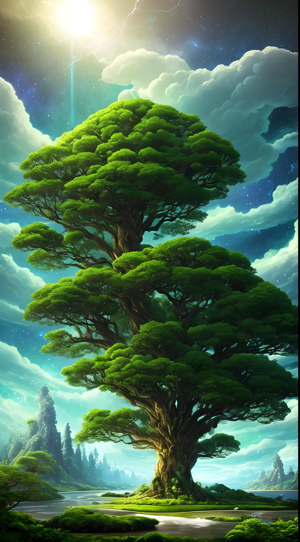 Illustration of a surreal, otherworldly, hyper sky scene including a giant crystal tree full body, highly detailed and magical lighting, intricate forest details, vegetation and surrounding river, solar punk, landscape, giant tree , beautiful green leaves, beautiful lighting and realistic proportions, as if this is a movie background, 8k, highest quality, masterpiece, clouds and stars in the sky.