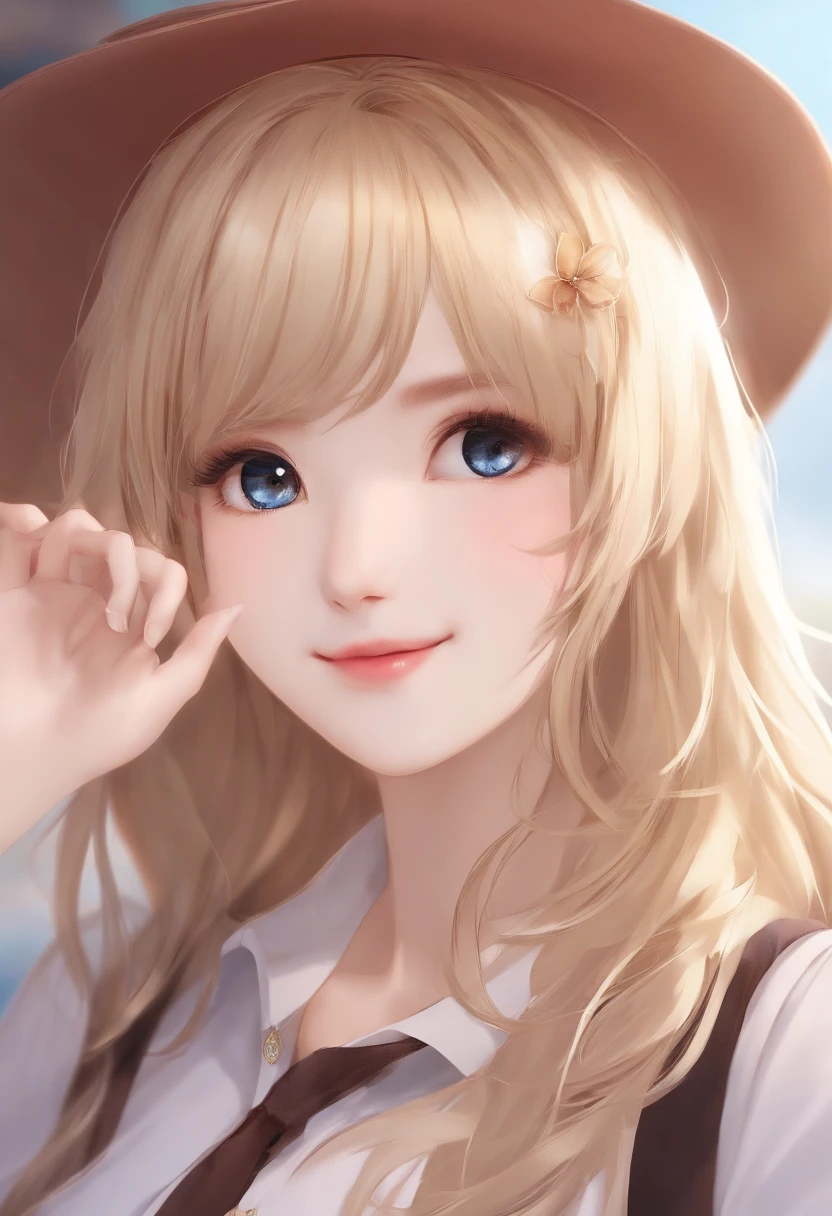 「Generate a beautiful girl with long blonde hair with AI。Be sure to include detailed features。 -hairdo: With long hair、Straight - hair color: golden colored、 - facial features;: Transparent skin、Big eyes(The color is blue)、a small nose、Fluffy lips - skin features: Fair and smooth skin - clothing: Casual costumes、White T-shirt and pink miniskirt - facial expressions: Smiling Expression - Background: simple background、Bright indoor - pose: Standing、Waving his right hand lightly - the image is of the highest quality4K pleases。Age is 15 years old AI-generated image of a beautiful girl with this character please.。」