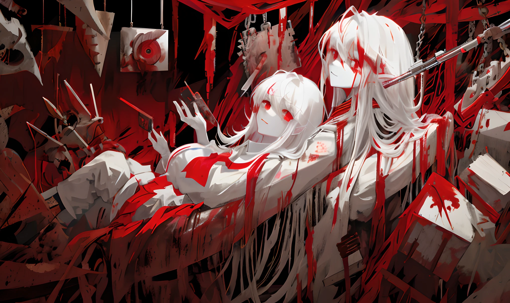 Long white hair,Red eyes,,blood stain,Hold the syringe in your hand,Doctor clothing,The psychopath smiles,mechanicalparts, Failure effect, terroral, background inside dark, The neck was cut in half by an axe,There are tentacles on the back