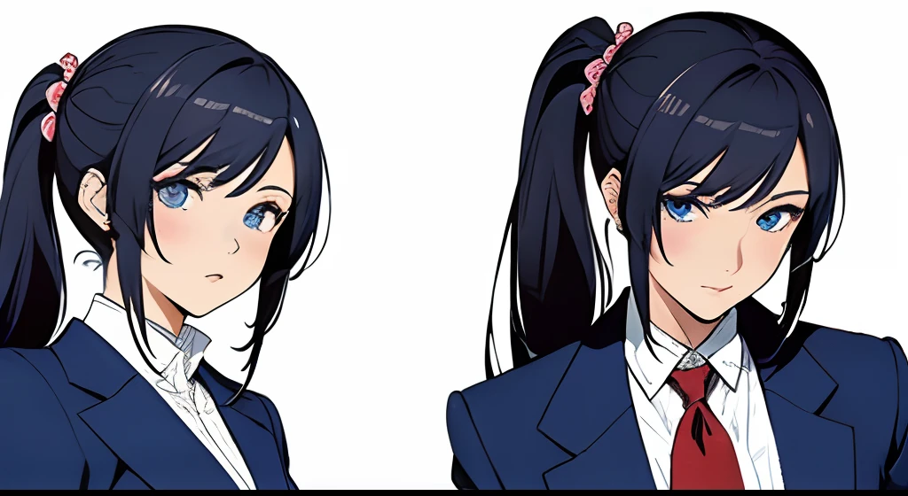 ((best qualityer)), ((tmasterpiece)), (A detailed: 1.4), Middle-aged woman，japan manga style, high ponytails，long whitr hair，（Blue eyes），full bodyesbian，intricate suit，