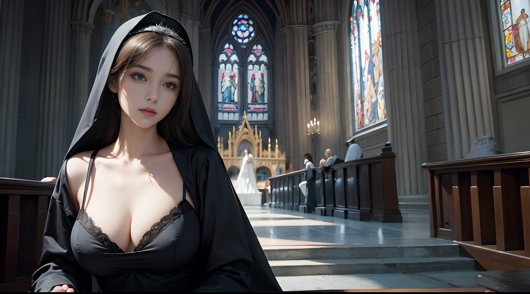 （（best qualtiy））， （（tmasterpiece））， （（Realistis））， （A detailed）， （realisticlying：1.5），illusory engine， (High detail: 1.9)，（femele：1.4），（big breasts beautiful： 1.4),(carismatic:1.3)， （Large breasts），lewd nun，beuaty girl，beauitful face， looking at viewert， dynamicposes，The background is the church， Ray traching， Mid-range portrait