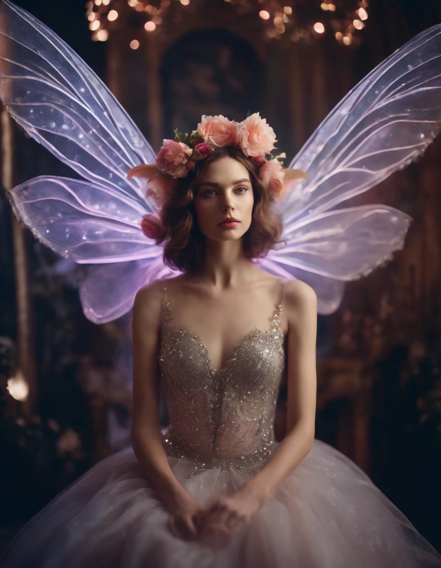 color photo of a mysterious flower fairy with transparent colorful wings, sitting in a divine light, with neon lights, holding a magic wand,axial symmetry, and a magnificent background.silver dress, high heels, flower crown, starry sky background, serene and enigmatic expression, Nikon Z7 II camera, Fujifilm Velvia 50 film, 50mm lens, high saturation, Tim Walker, David LaChapelle, Sofia Coppola, Valentino, Alexander McQueen,((close-up))
