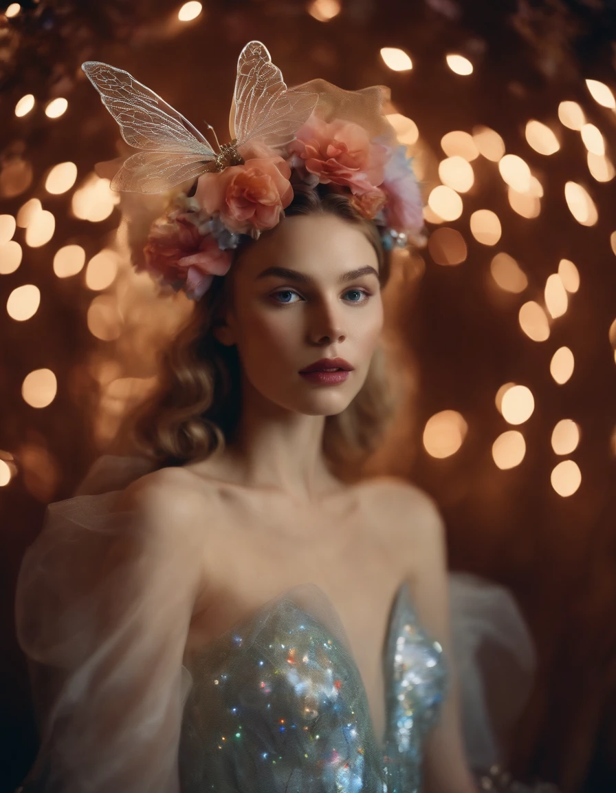 color photo of a mysterious flower fairy with transparent colorful wings, sitting in a divine light, with neon lights, holding a magic wand,axial symmetry, and a magnificent background.silver dress, high heels, flower crown, starry sky background, serene and enigmatic expression, Nikon Z7 II camera, Fujifilm Velvia 50 film, 50mm lens, high saturation, Tim Walker, David LaChapelle, Sofia Coppola, Valentino, Alexander McQueen,((close-up))