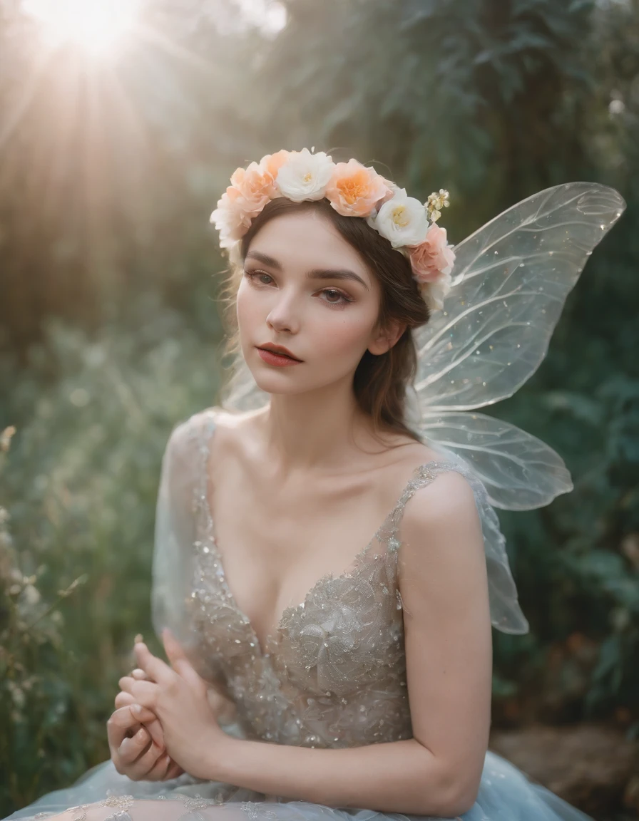 color photo of a mysterious flower fairy with transparent colorful wings, sitting in a divine light, with neon lights, holding a magic wand，axial symmetry, and a magnificent background.silver dress, high heels, flower crown, starry sky background, serene and enigmatic expression, Nikon Z7 II camera, Fujifilm Velvia 50 film, 50mm lens, high saturation, Tim Walker, David LaChapelle, Sofia Coppola, Valentino, Alexander McQueen,((close-up))