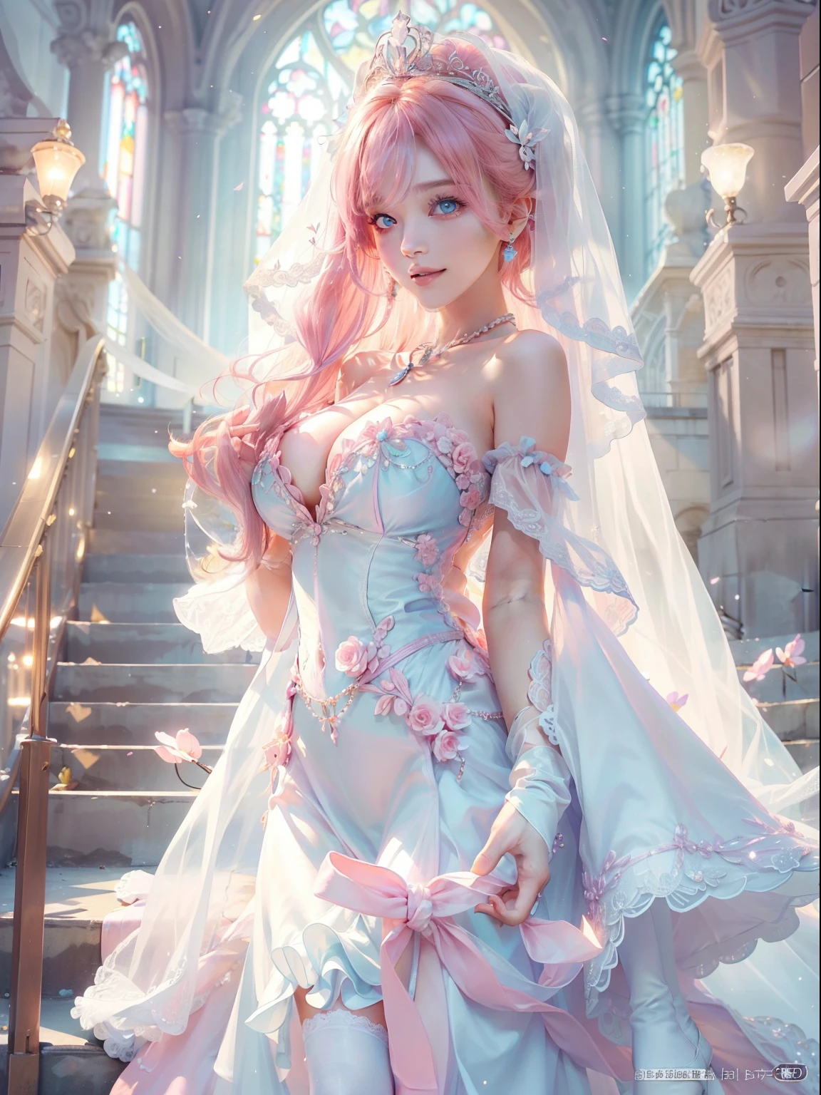 ((Masterpiece)), (((Best quality)))), ((Super detail)), ((illustration)), finedetail, Ultra-delicate CG unified 8k, A high resolution, {Beautiful detail eyes}, finedetail, Beautiful detail eyes, Illustration of Anin, Masterpiece, Best quality, Beautiful face, Shining eyes, Front light, Look at the viewer, 1girll, Smile, cheerfulness, blissful, Beautifully decorated accessory necklace, Front view, (((Gradient, Pink, Light blue)), Wearing a white off-the-shoulder wedding dress,Delicate lace and pearls adorn the shape of the flowers, Stand on the steps of the church, Light up white, Radiant skin, posed for photo, Light and wings descend from the sky , Bright shades, The bride has a long veil, Sparkling tiara, Double-sided bread, Pink Long Hair, chies,White stockings