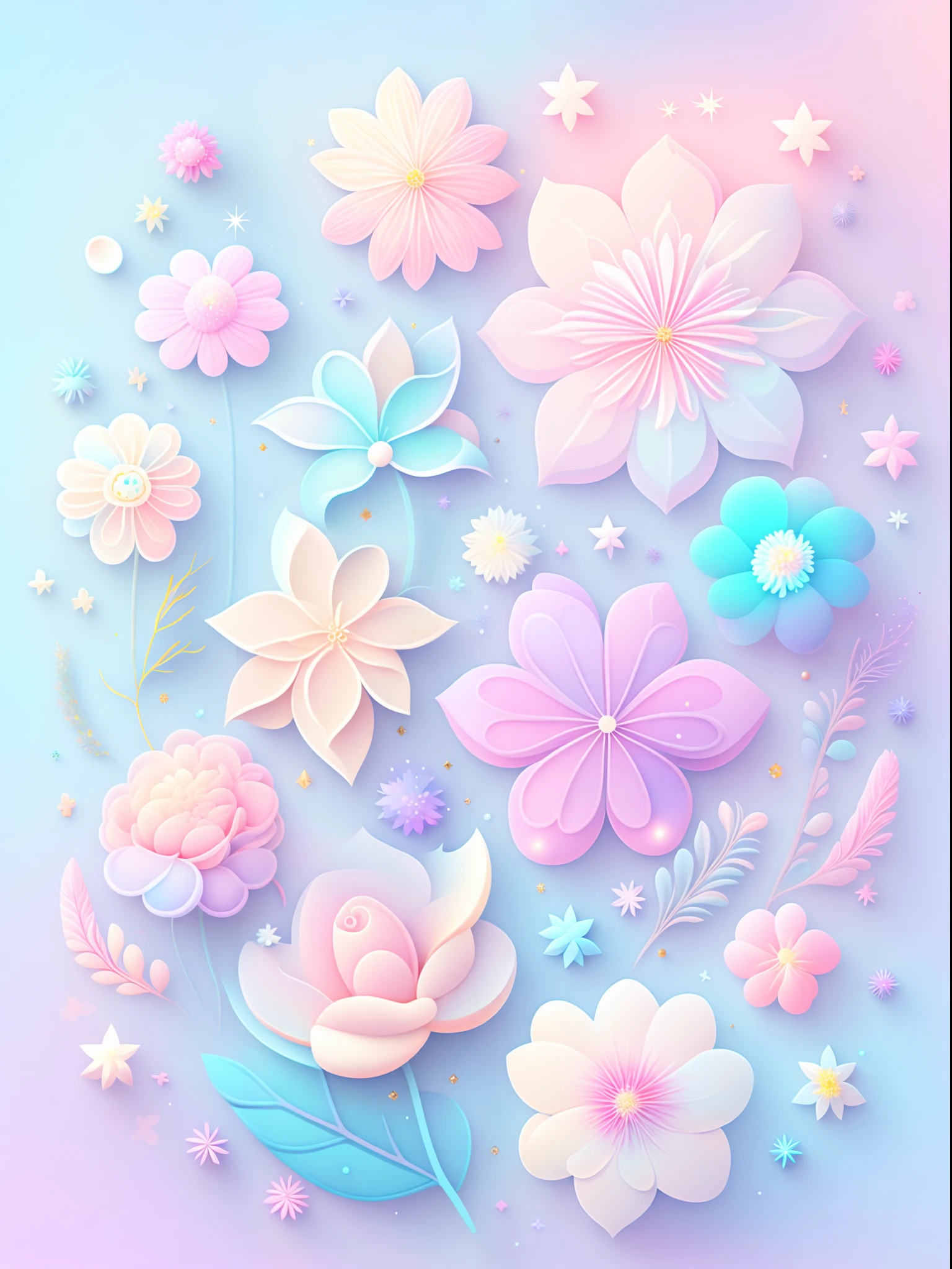 "Various flowers, cartoon illustration, sky in a gradient of pastel colors with twinkling stars. Immerse yourself in a mystical world full of magical elements (weighted at 0.9)."