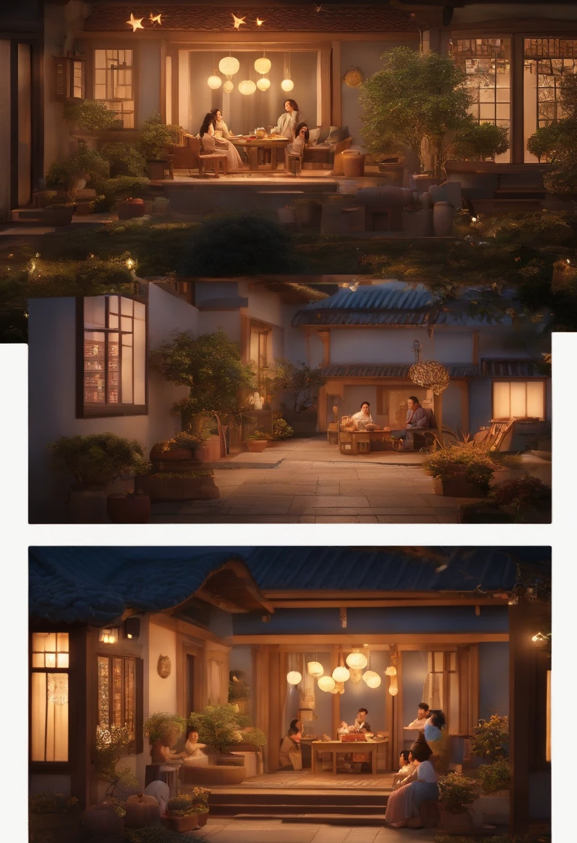 (top-quality、8K、tmasterpiece:1.3)、Mid-Autumn Festival scene,Full moon and stars in sky illustration,The family sits together eating mooncakes,Mom and dad laugh with the kids,Have in the living room、Bright house scene,extremely detailed face and skin,Heartwarming scene,Bright house scene,extremely detailed face and skin,Heartwarming scene,perfect detail,