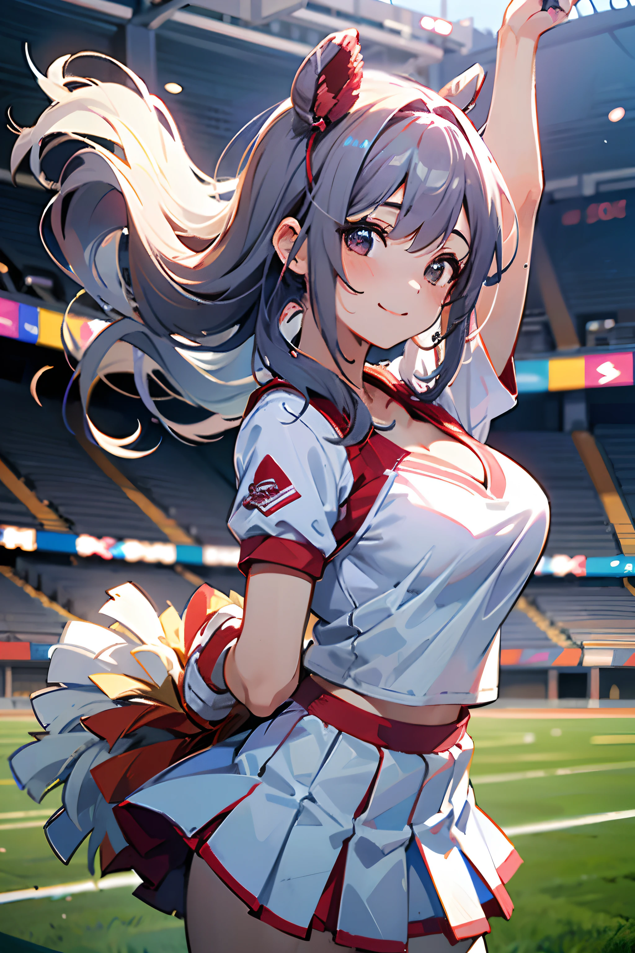 1 female cheerleader,White shirt,Red skirt,White socks,dual horsetail,(plumw:1.3),ssmile,Exercise posture,Cheerleading pompom in hand,(stadio:1.5)、closeup cleavage、RAW photography, top-quality, A high resolution, (tmasterpiece), (Photorealsitic:1.4),foco nítido, NFFSW, 8K分辨率, intricately details, depth of fields, the Extremely Detailed CG Unity 8K Wallpapers, Frontlighting,