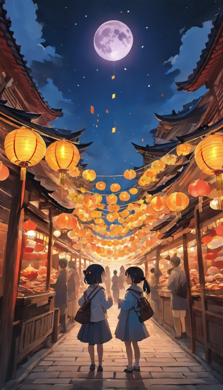 On a peaceful autumn night，A bright full moon hangs high in the clear blue night sky，A little star shines。In a beautiful square，Two cute pandas standing under the moon，They silently look forward，As if waiting for an important moment。
Traditional celebratory installations are arranged in the square，Bamboo lanterns and art installations dot the entire environment，Add a mysterious atmosphere to the festival。The stalls are filled with mooncakes of various flavors，Exudes an enticing aroma，People waiting to taste。and as night falls，The lights gradually come on，It adds a unique color to the square。
In the night sky，Gorgeous fireworks bloom，Bring the whole celebration to a climax，People look up at the sky，Cheers celebrate the Mid-Autumn Festival。The moment is filled with tradition and a spirit of celebration，Present unforgettable artistic pictures。