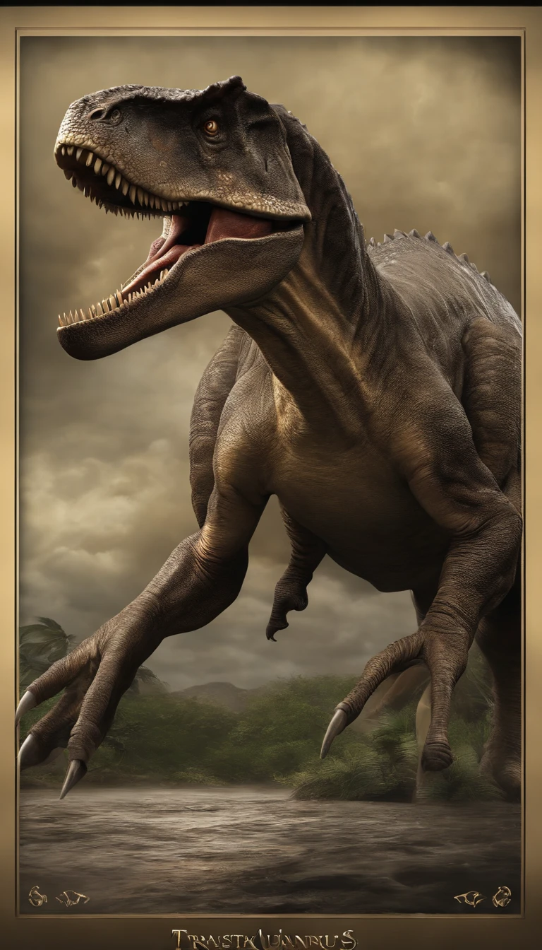 Dinosaurs, characterized by Large head with small teeth; openings in skull above jaws, with fairly short arms and a bipedal gait. As befitting its theropod lineage, it's believed that Abelisaurus resembled a scaled-down Tyrannosaurus Rex (masterpiece), (ultra-detailed), (8k)