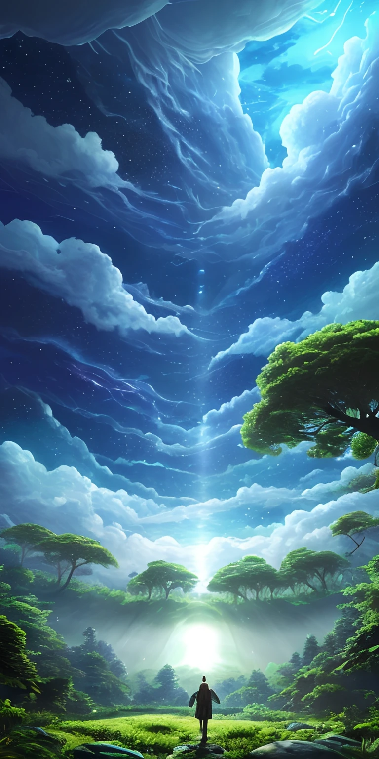 Illustration of a surreal, otherworldly, hyper sky scene including a giant crystal tree full body, highly detailed and magical lighting, intricate forest details, vegetation and surrounding river, solar punk, landscape, giant tree , beautiful green leaves, beautiful lighting and realistic proportions, as if this is a movie background, 8k, highest quality, masterpiece, clouds and stars in the sky.