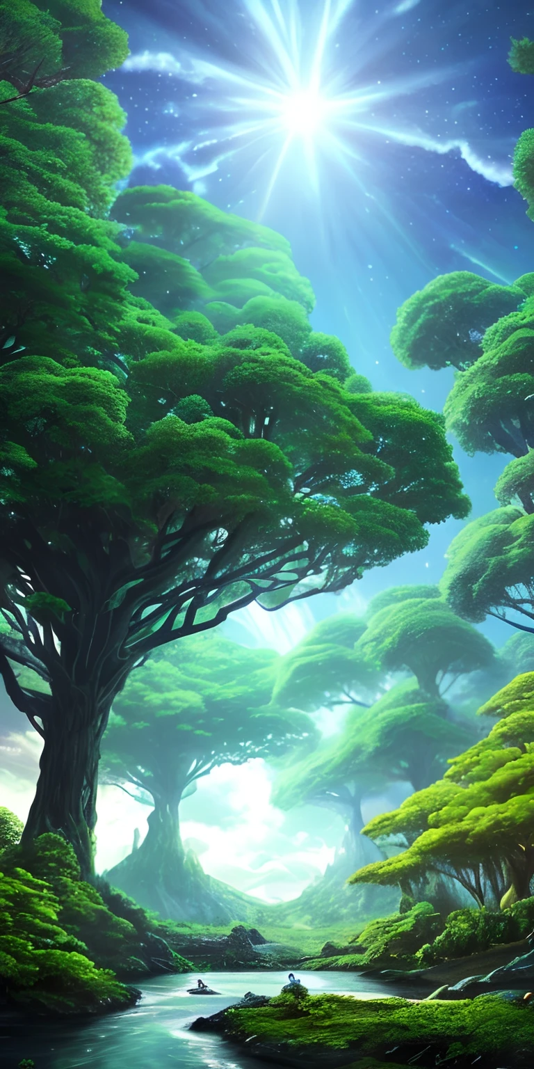 Illustration of a surreal, otherworldly, hyper sky scene including a giant crystal tree full body, highly detailed and magical lighting, intricate forest details, vegetation and surrounding river, solar punk, landscape, giant tree , beautiful green leaves, beautiful lighting and realistic proportions, as if this is a movie background, 8k, highest quality, masterpiece, clouds and stars in the sky.