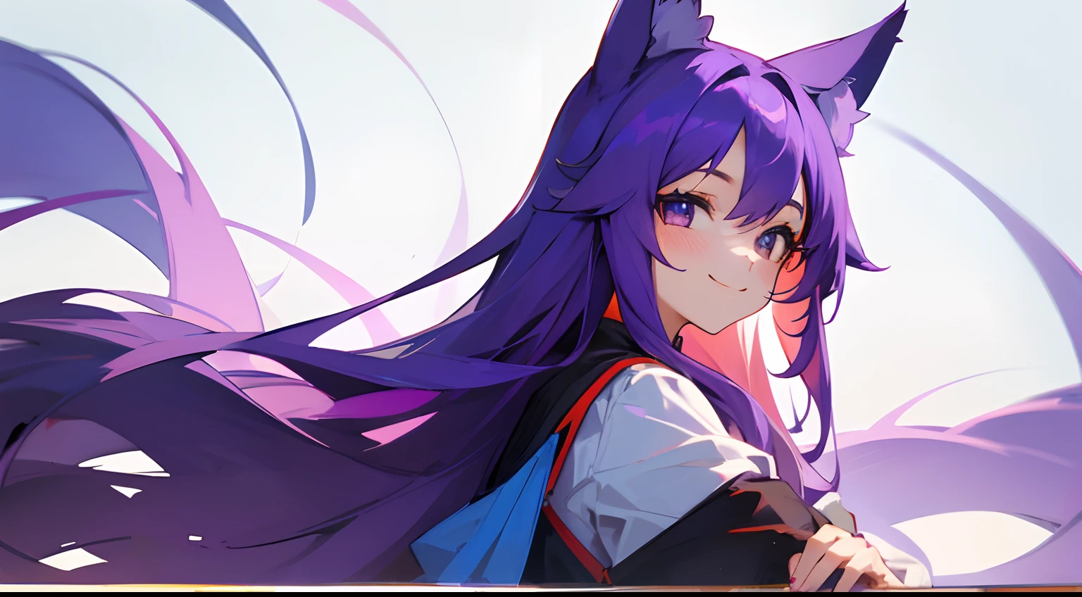 loneliness girl, long purple hair,Looking at the camera and smiling,Very cute,Fox ears,turning around