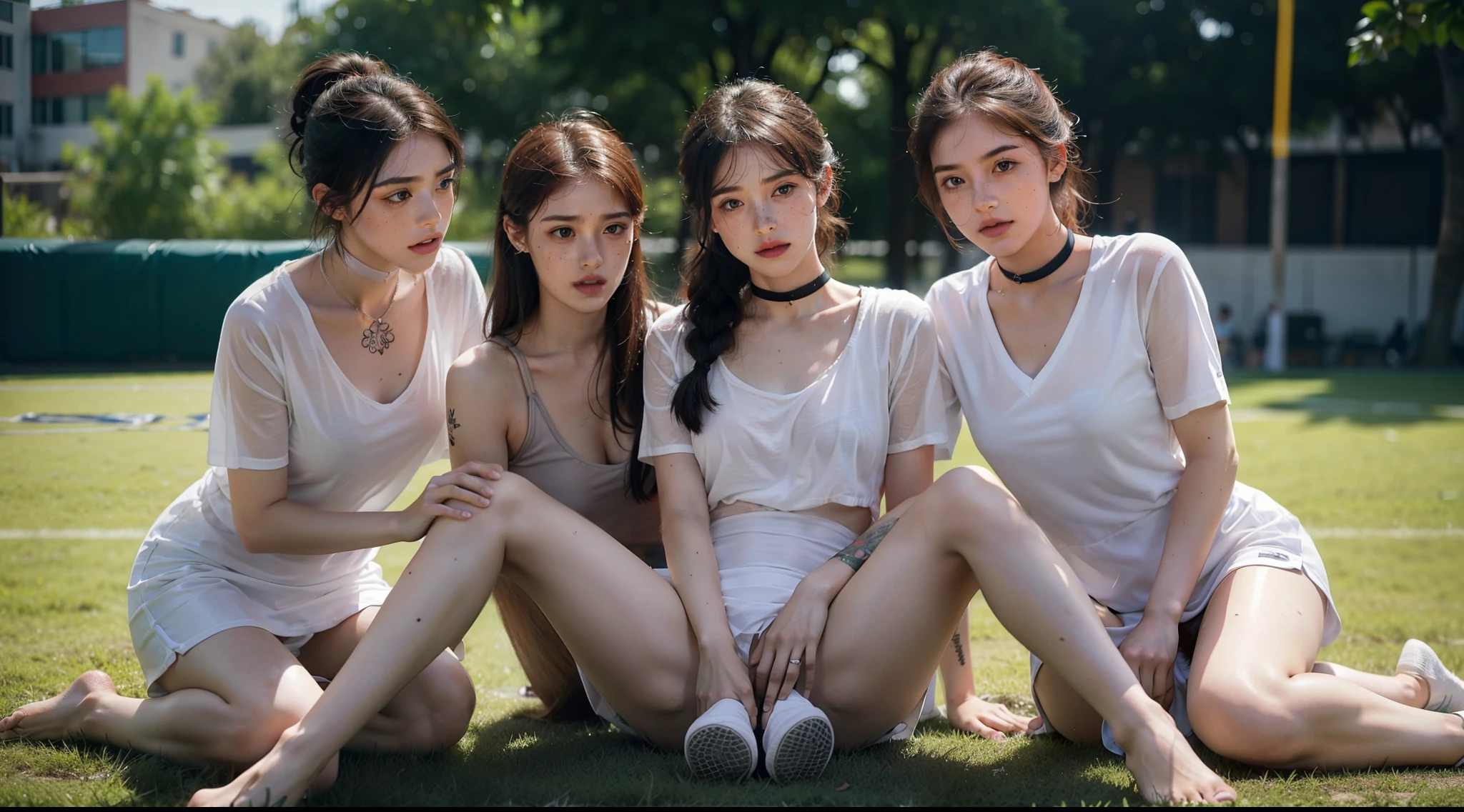 There were four schoolgirls lying on the football field,hands behind body,Spread your legs wide,and freckles on his face,Moles in the corners of the eyes,There are moles at the corners of the mouth,full body moles,Smoky makeup,Heavy makeup,Dark eyeshadow,Hair tied up,choker necklace,Sweat profusely,Wearing sweat,Transparent clothes soaked with sweat,Tattoo a large area all over the body,Very detailed facial delicate and delicate facial features,The barefoot,Sit with your legs crossed,Thick pubic hair,Pubic hair is exuberant,Lots of pubic hair,Thick pubic hair,Strong body hair,A foreign body is inserted into the,Full-body art,There are a lot of people in the back,Be watched by everyone