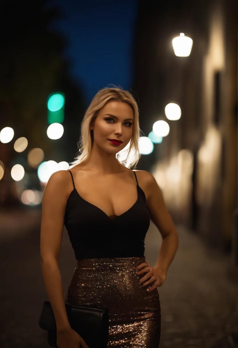 (selfie, top view: 1.4), (straight half of the body: 1.4), RAW UHD portrait photo of a 24-year-old blonde (blue-eyed woman) walking down a dark alley, large breasts,, city at night, (skirt), (neckline), details (textures! , hair! , glitter, color!! , disadvantages: 1.1), glossy eyes with high detail (looking at the camera), SLR lighting, SLR camera, ultra-quality, sharpness, depth of field, film grain (center), Fujifilm XT3, crystal clear, frame center, beautiful face, sharp focus, street lamp, neon lighting, bokeh (dimly lit), night, (night sky), detailed skin pores, oily skin, sunburn, complex eye details, full body, large breasts, detailed face